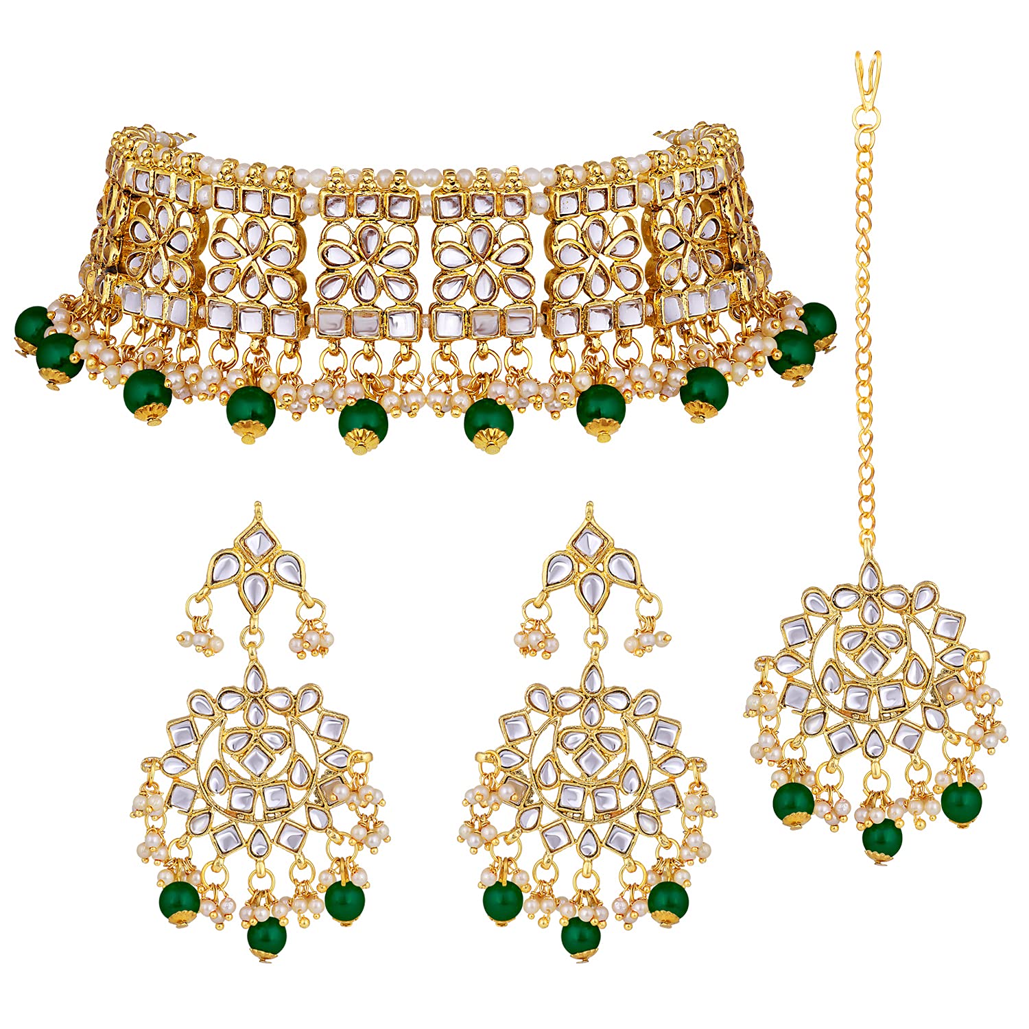 AheliElegant Indian Wedding Wear Faux Kundan Studded Choker Necklace with Maang Tikka Set Ethnic Fashion Jewelry for Women