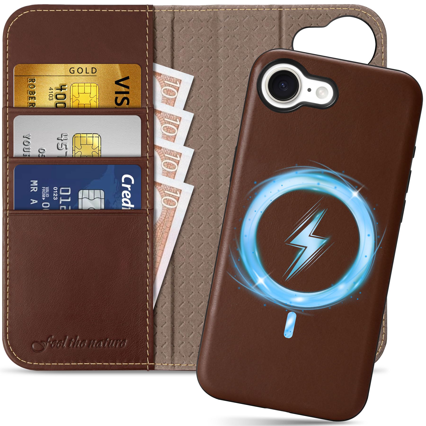 SHIELDON Beschermhoesje voor iPhone 16e 5G 6,1 inch, magnetische portefeuillehoes van echt leer met kaartsleuven, standfunctie, RFID- blokkering, TPU-hoes, compatibel met iPhone 16e 2025 - Lychee zwart