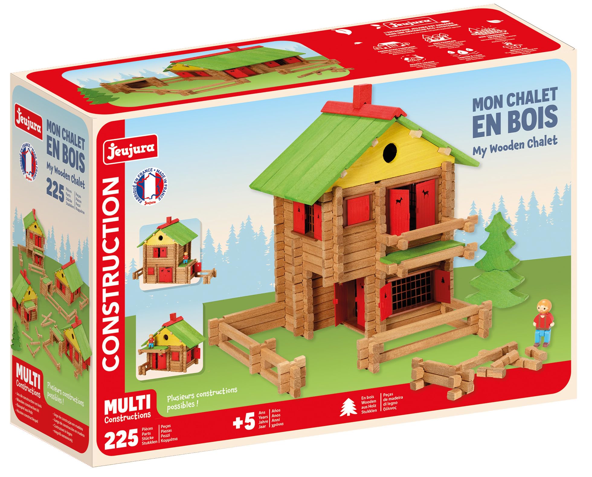 JEUJURA - Mon Chalet en Bois - 225 Pièces en Hêtre - Jeu de Construction Enfant dès 5 Ans - Chalets à Monter et Démonter avec Nombreuses Possibilités de Construction - Fabriqué en France - 1804 | Chalets à Monter et Démonter avec Nombreuses Possibilités d