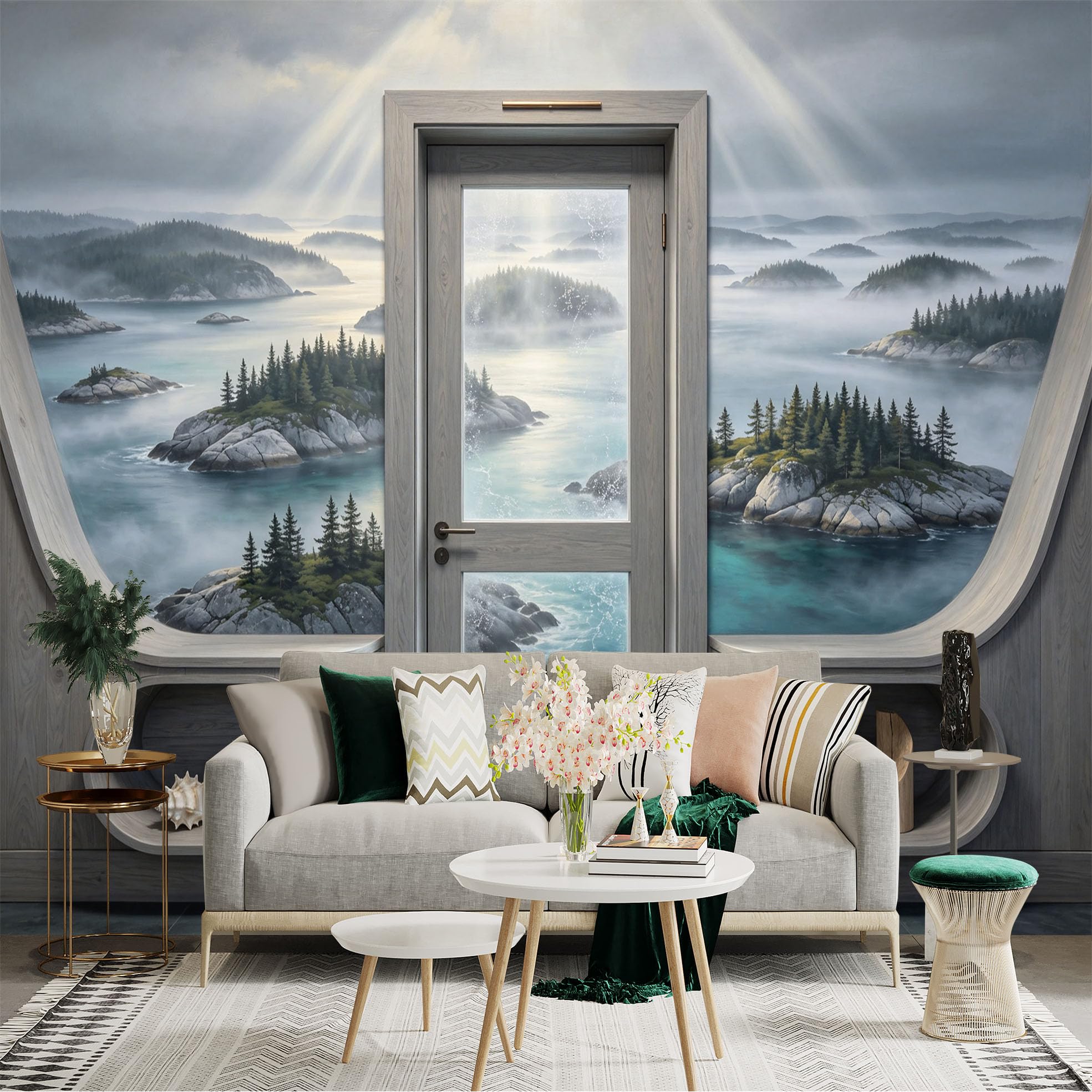 Custom Size Wall Sticker Mural， Misty Coastal Islands， Nordic Seascape， Pine Forest Shore， Ocean View， for wall Decoration， peelandstick wall Decals.