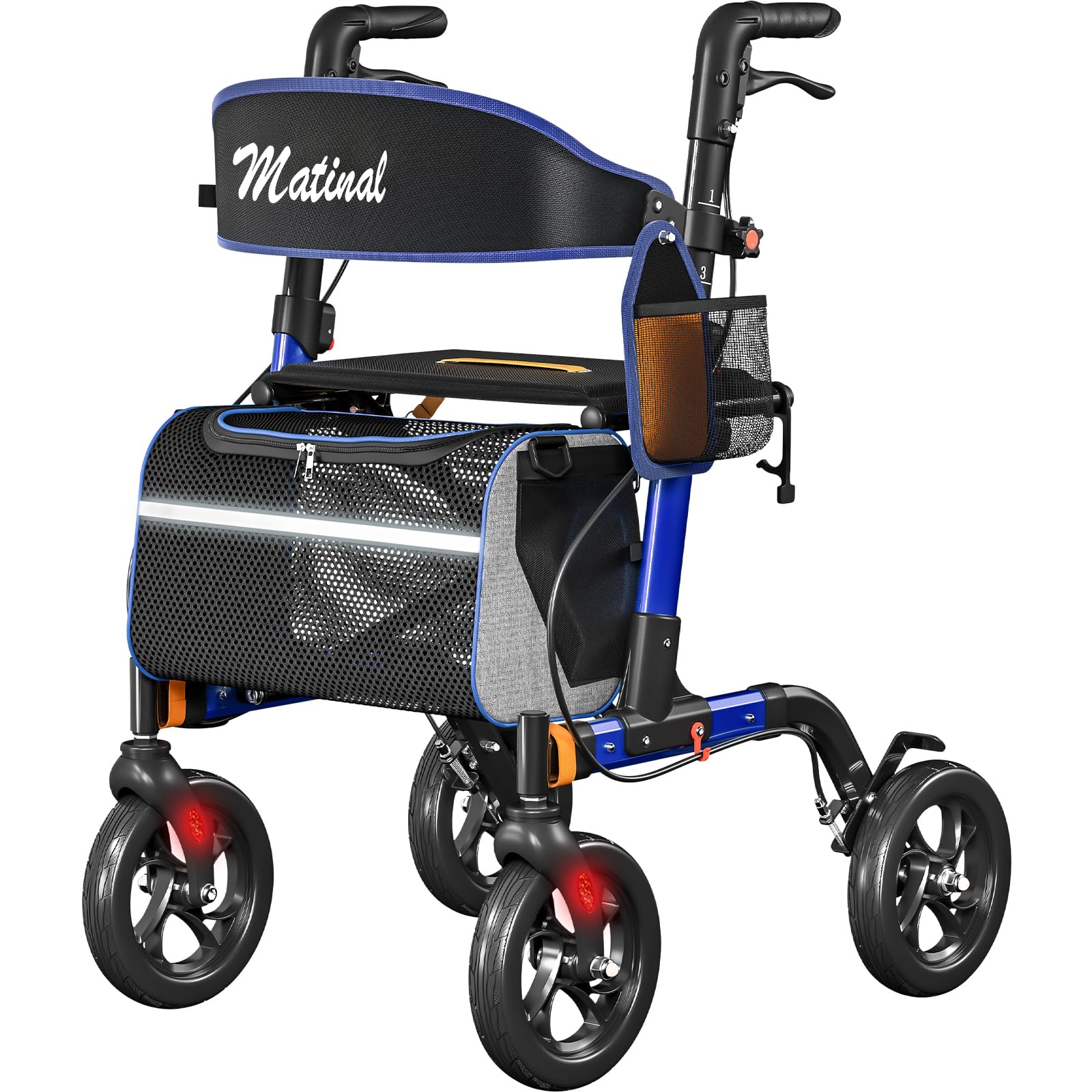 Andadores para personas mayores, andador con asiento, capacidad de carga de 159 kg, asiento grande (46 cm), ruedas de 20 cm, 6 niveles de ajuste de altura, andador con marco de aluminio ligero para