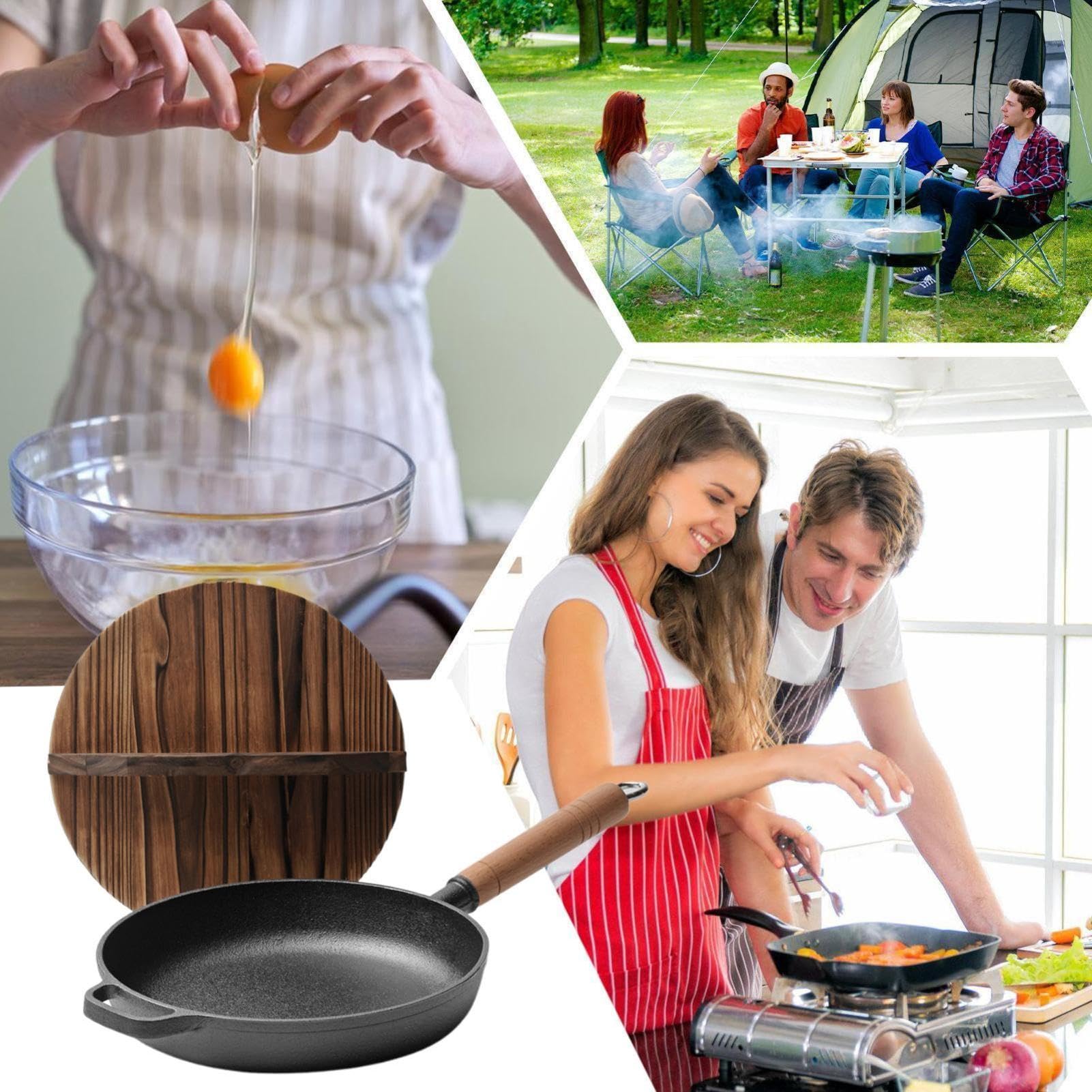 Sartén Hierro Fundido Con Tapa Olla Portátil Con Mango De Madera | Plancha Grill Cocina Para Hornear Tortilla Pescado Huevos Panqueques Bistecs Hogar Restaurante Camping Cocina
