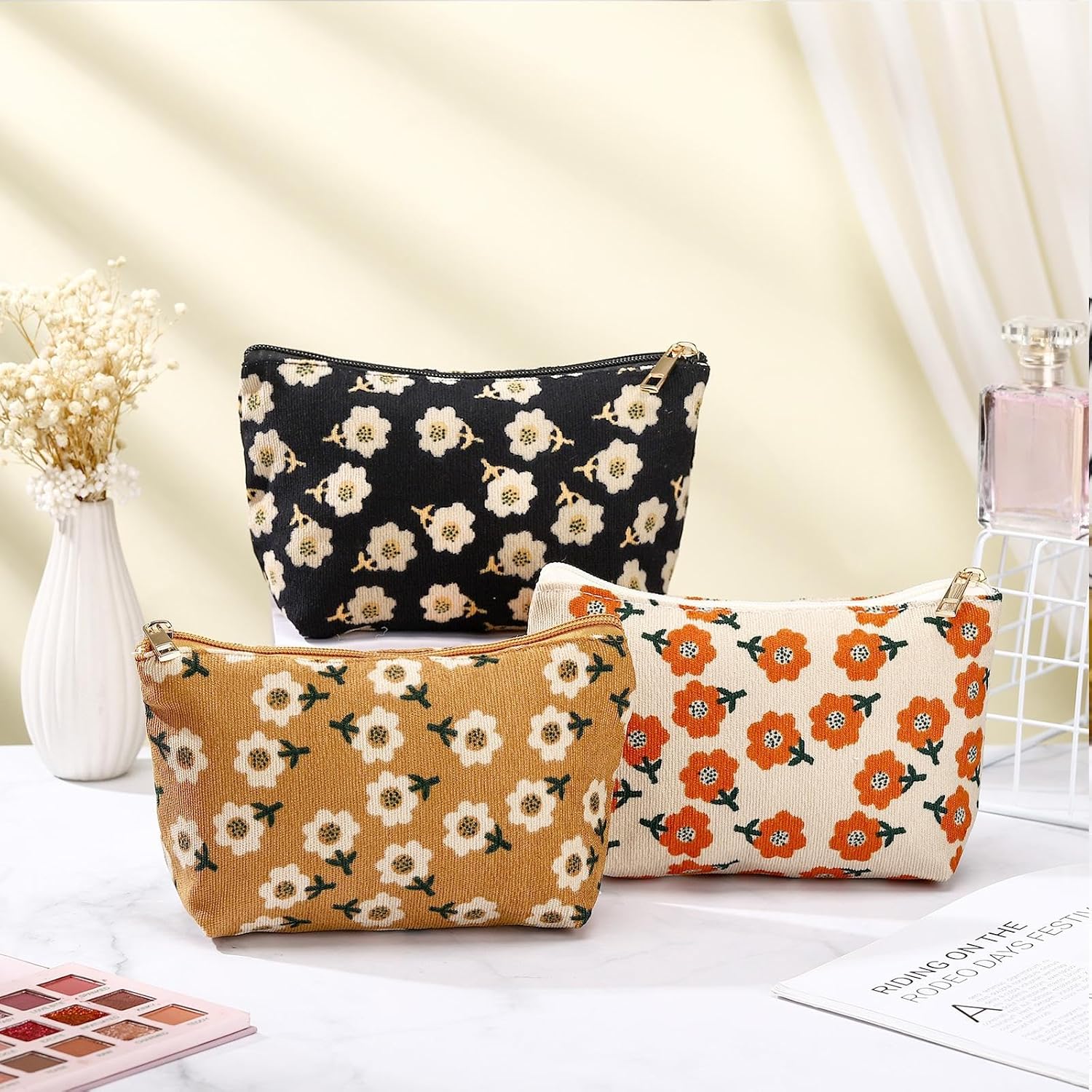 Photect 3 Pcs Floral Makeup Bag for Purse Small Cosmetic Bag Corduroy Canvas Pouch Mini Toiletry Zipper Travel Pouch for Women Gifts for Christmas Teachers Organizer Storage Accessories(Cute) - Image 7