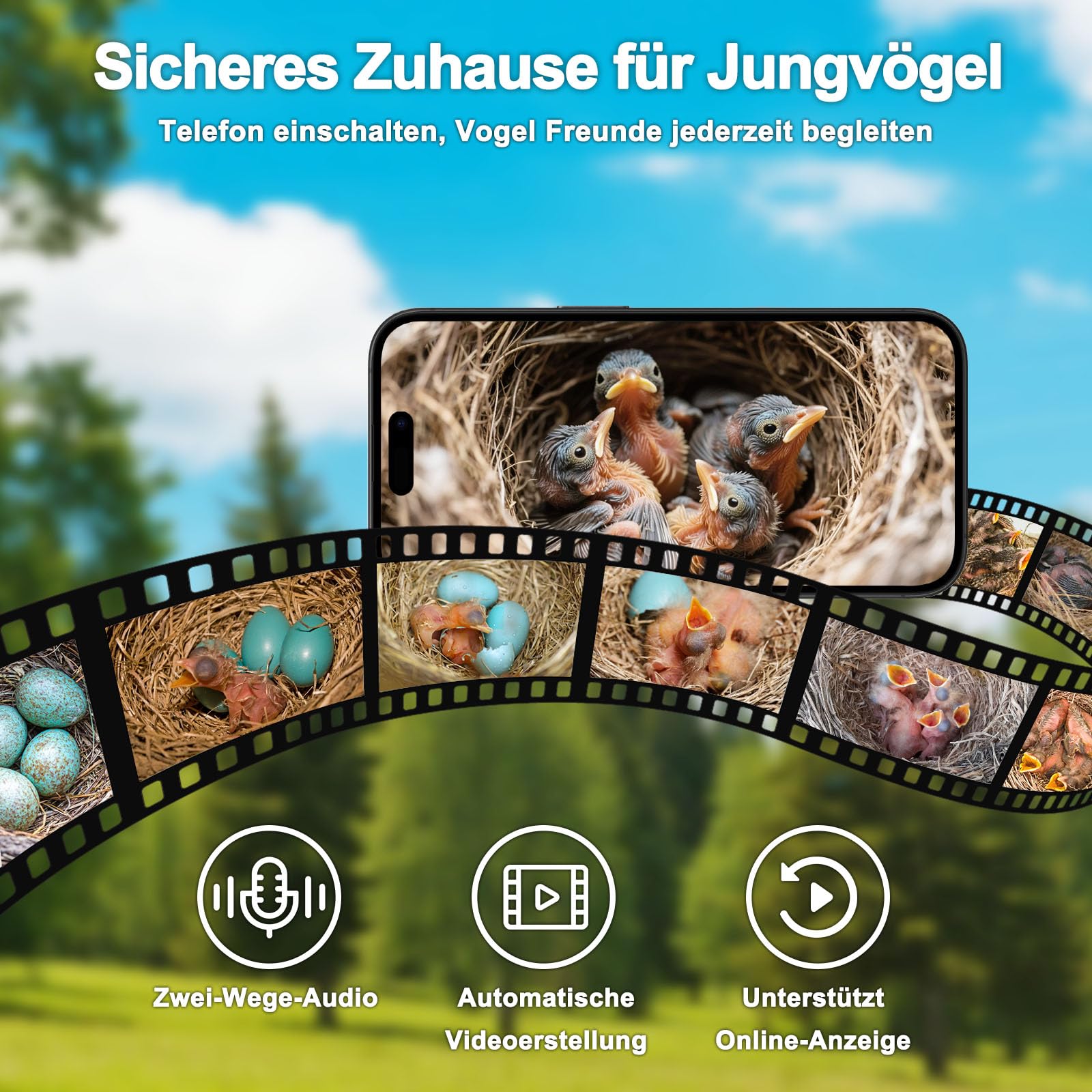 Vogelhaus mit Kamera und Solar Panel - 2K HD Solar Kamera WLAN Outdoor mit Massivholz Nistkasten, Brutkasten Kamera Live übertragung Handy 2,4G WiFi & App, Geschenkidee Garten