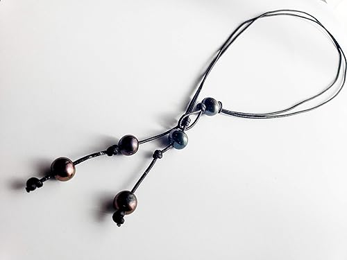 Miniatura 3 de Black Leather Black Pearl Y necklace, 20 inches long above the tassell