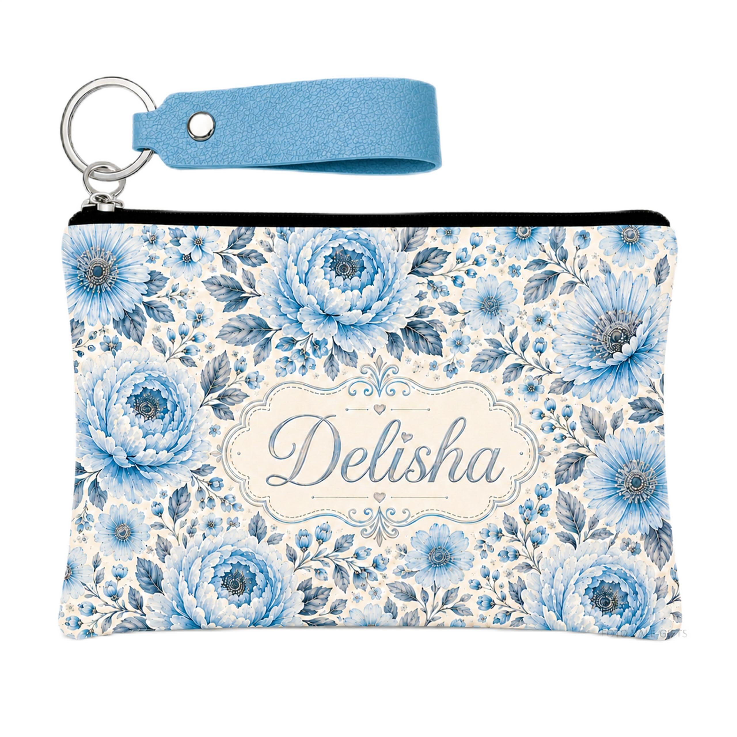 Personalized Name Printed Floral Canvas Pouch with Matching Color Keychain Strap for Women & Girls | Makeup, Cosmetic, Travel & Stationery Zipper Organizer (Blue Elegance)-image-24