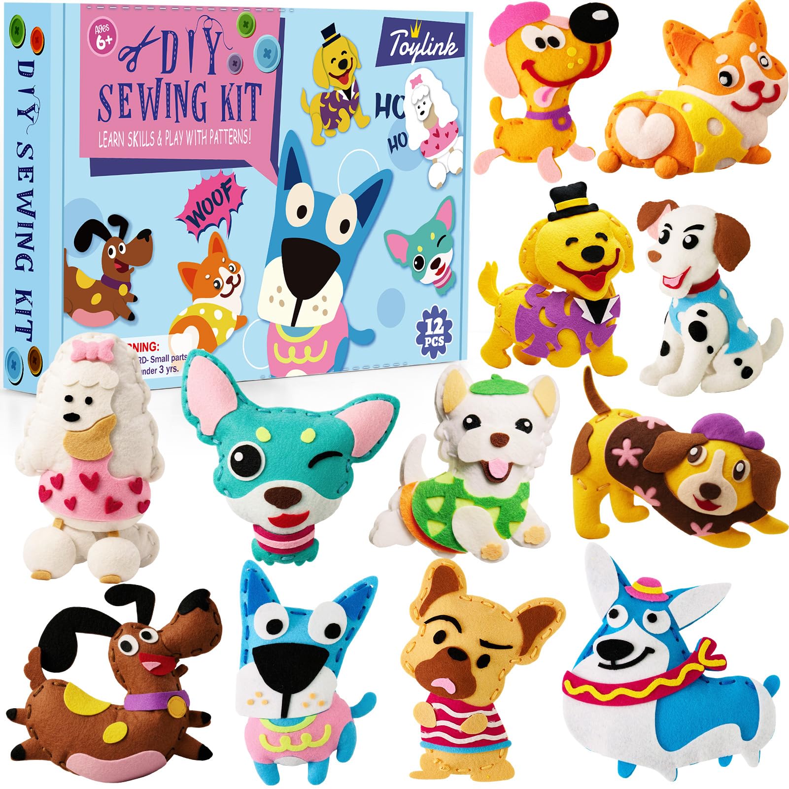 Toylink Hunde-Nähset für Kinder und Anfänger, 12-in-1 Nähset zum Selbernähen für Kinder, Mädchen, Jungen 6–8, 8–12, lustige und lehrreiche Geburtstagsgeschenkideen für Mädchen