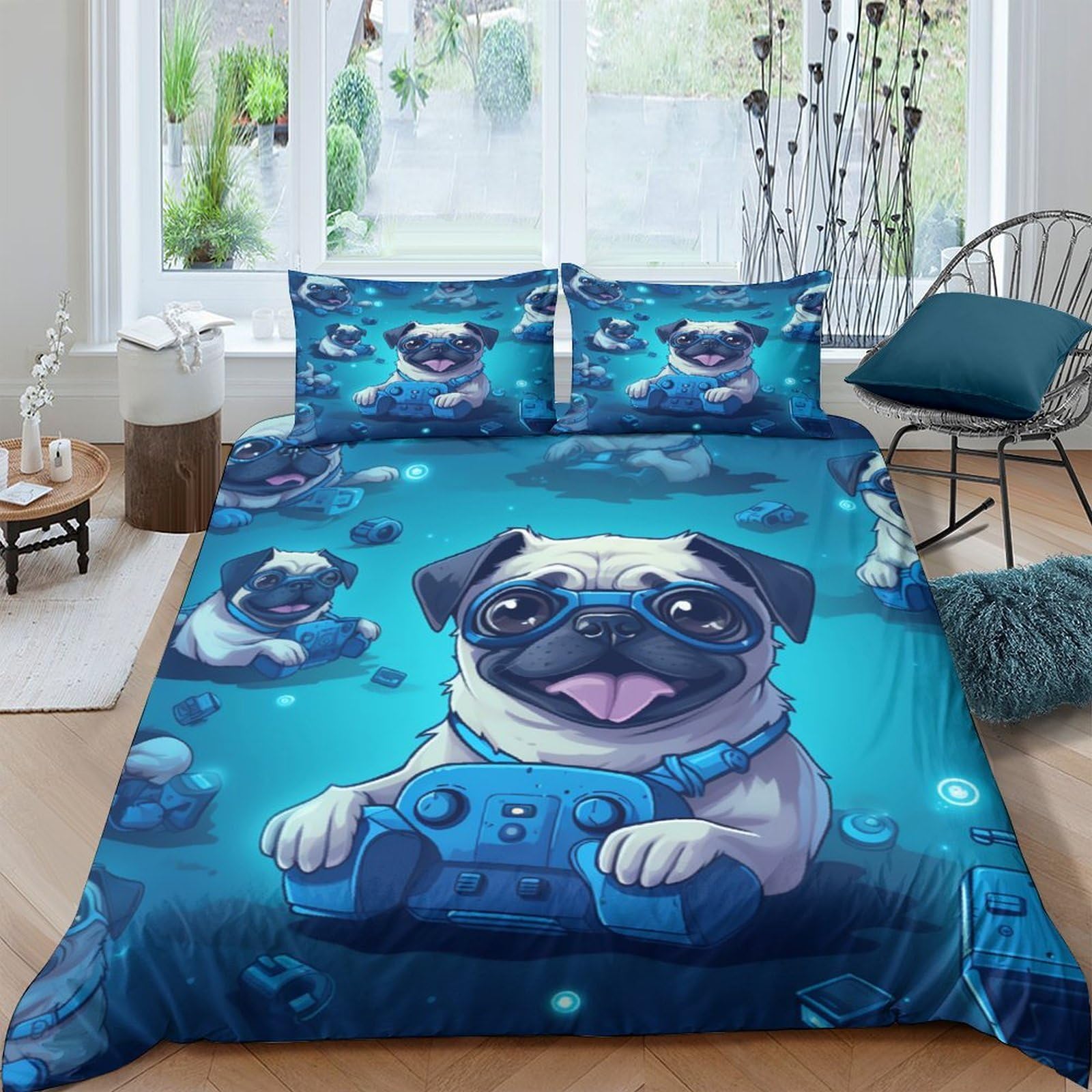 TUFRTGYHN 3D Printed Pug Dog Duvet Cover Set Microfiber Blue Cartoon Animal Bedding Set with 2 Pillowcases for Bedroom Home Decor Single（135x200cm）