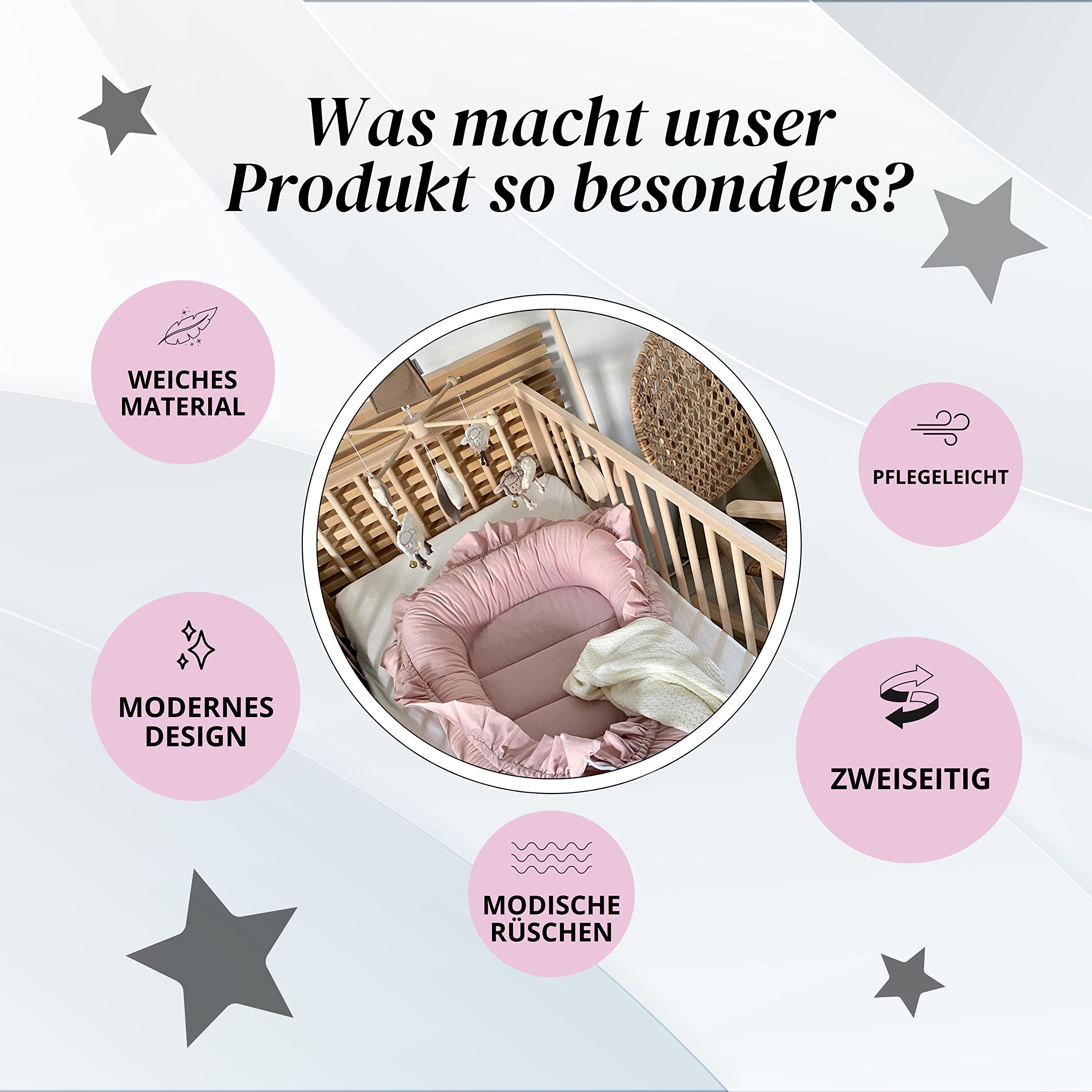 PIMKO Nido de bebé con Volantes Recién Cunas Nido para bebés Reductor de Cuna 100% Algodón babynest (Rosa con Volante)