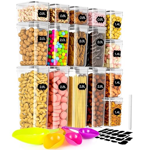 Set of 16 Kitchen Storage Boxes with Lids, Spoons, Pen and Labels Airtight Storage and Organization for Storing Cereals, Pasta, Flour (2.8L, 2L, 1.4L, 0.8L)