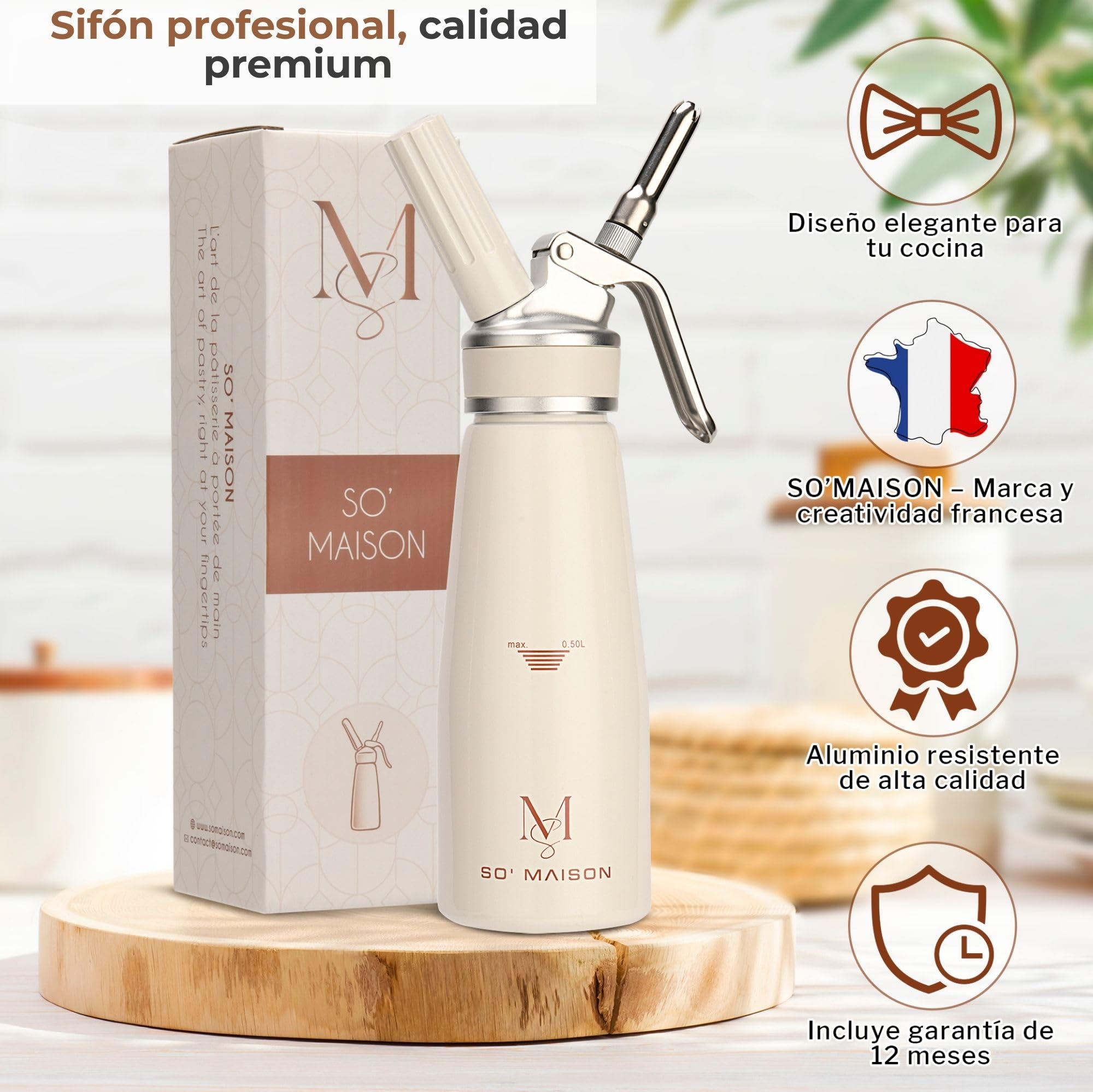 SO’Maison Sifón de Cocina Profesional 500 ml – Chantilly y Nata para Montar, Espumas Dulces y Saladas – Diseño Vintage Elegante