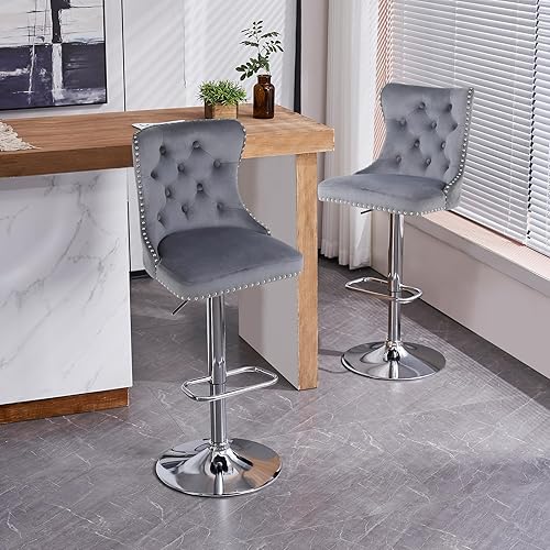 Miniatura 4 de Juego de 2 taburetes de bar modernos con respaldo copetudo con tirador de anillo, taburetes altos giratorios ajustables de terciopelo con base
