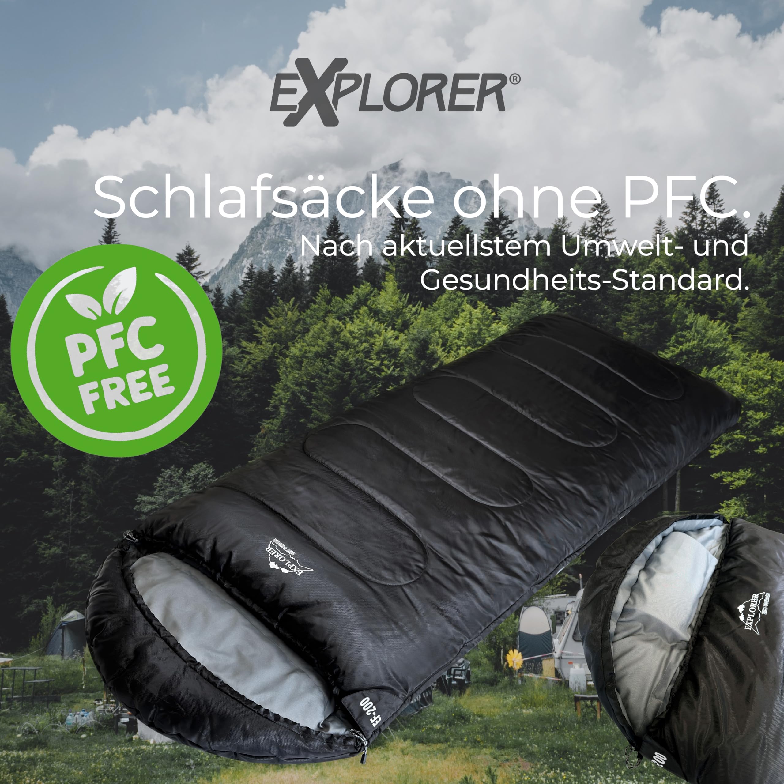 EXPLORER® EF-200 XXL Deckenschlafsack -18°C +3°C [400GSM] Schlafsack Gäste Decke 3-4 Jahreszeiten 220 x 80 cm Winter Erwachsene ideal für Outdoor, Camping, Trekking, Festival und Reisen PFC-frei