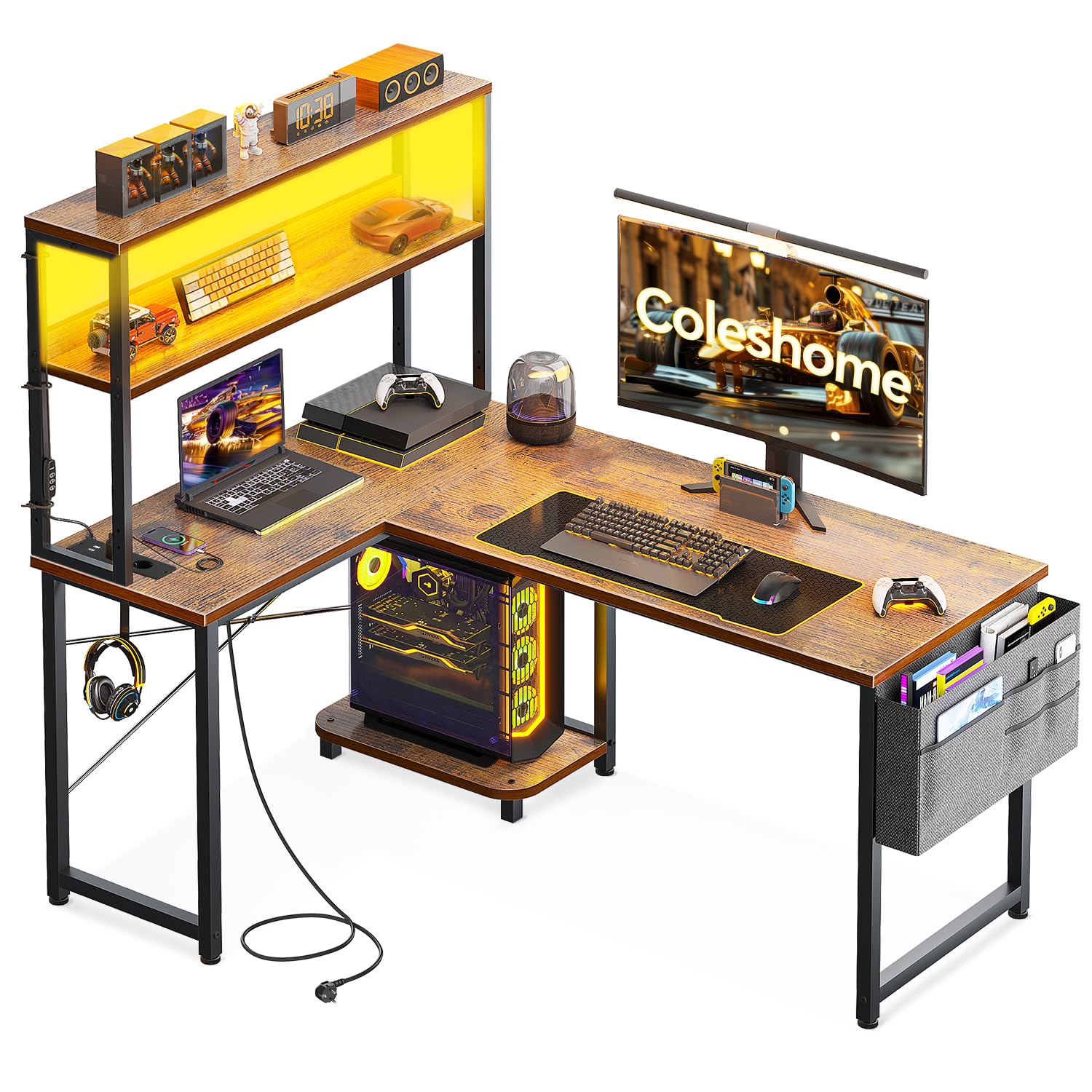 Coleshome Scrivania Gaming con LED e Prese, 110 × 80 cm Scrivania Gaming Angolare Reversibile con Scaffali Portaoggetti, Tavolo Angolare con Borsa Portaoggetti per Giocatori, Marrone Vintage