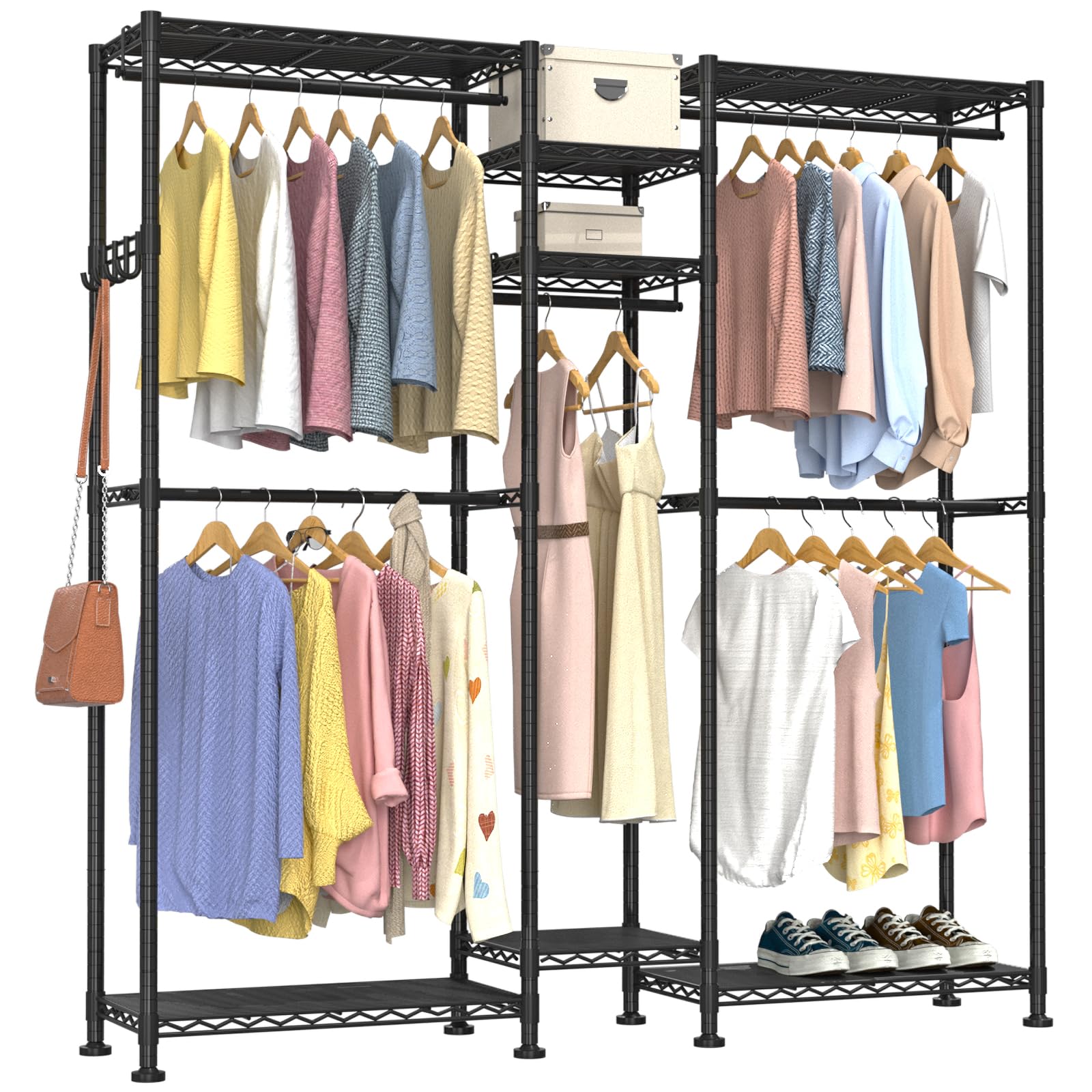Clothes Rail,Clothes Rack for Hanging Clothes,Adjustable Closet Organizer System, Double Rods, Side Hooks, Black