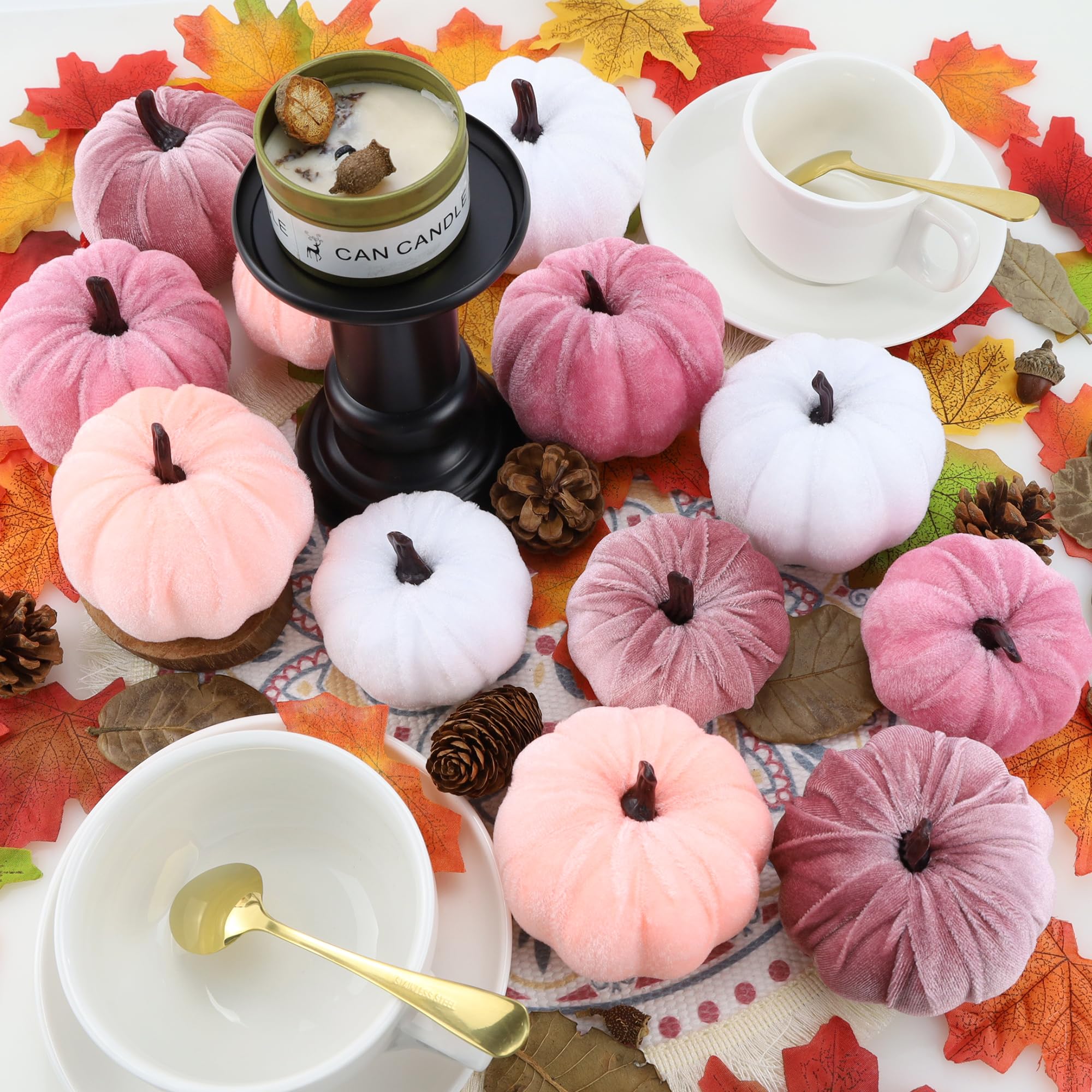XIANNVXI Lot de 12 petites citrouilles artificielles en velours pour décoration d'Autmn - 3 couleurs - Rose et blanc - Pour décoration d'Halloween, automne, Thanksgiving