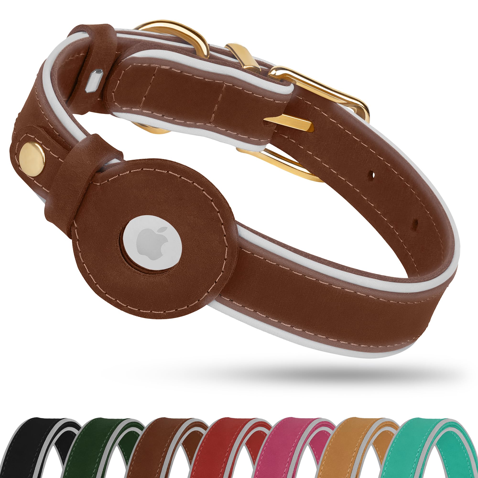 OOPSDOGGY Reflective Geniune Leather Airtag Dog Collar Soft Padded Collars for Small Medium Large Breed Dogs Puppy, 4 Sizes, 7 Colors (Brown, Large,