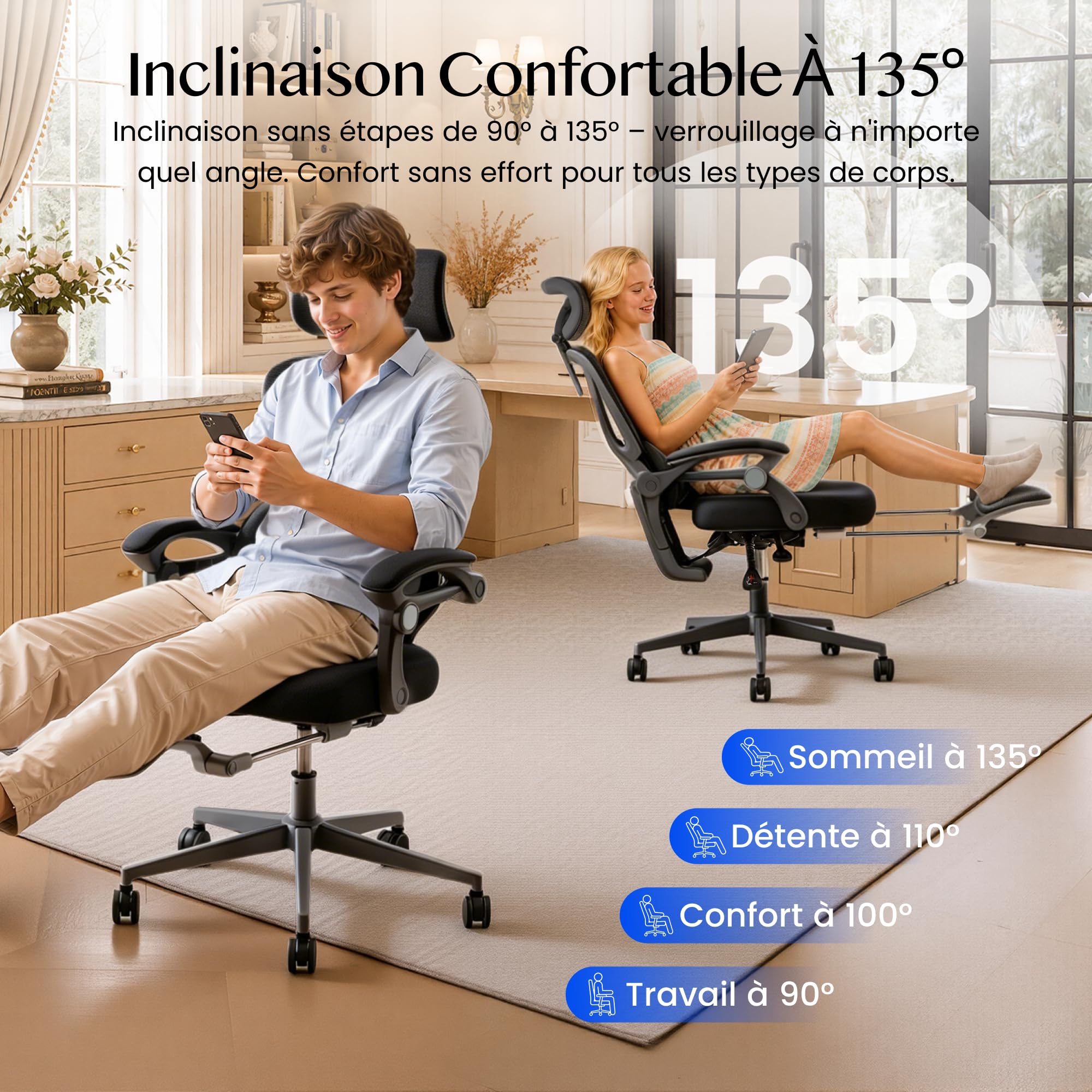 FLEXISPOT OC4 Chaise de Bureau Ergonomique, Soutien Lombaire 2D Indépendant en C avec Effet Enveloppant, Inclinaison 90-135°, Appui-tête 3D, Accoudoirs Auto, Chaise Gaming en Maille, Noir