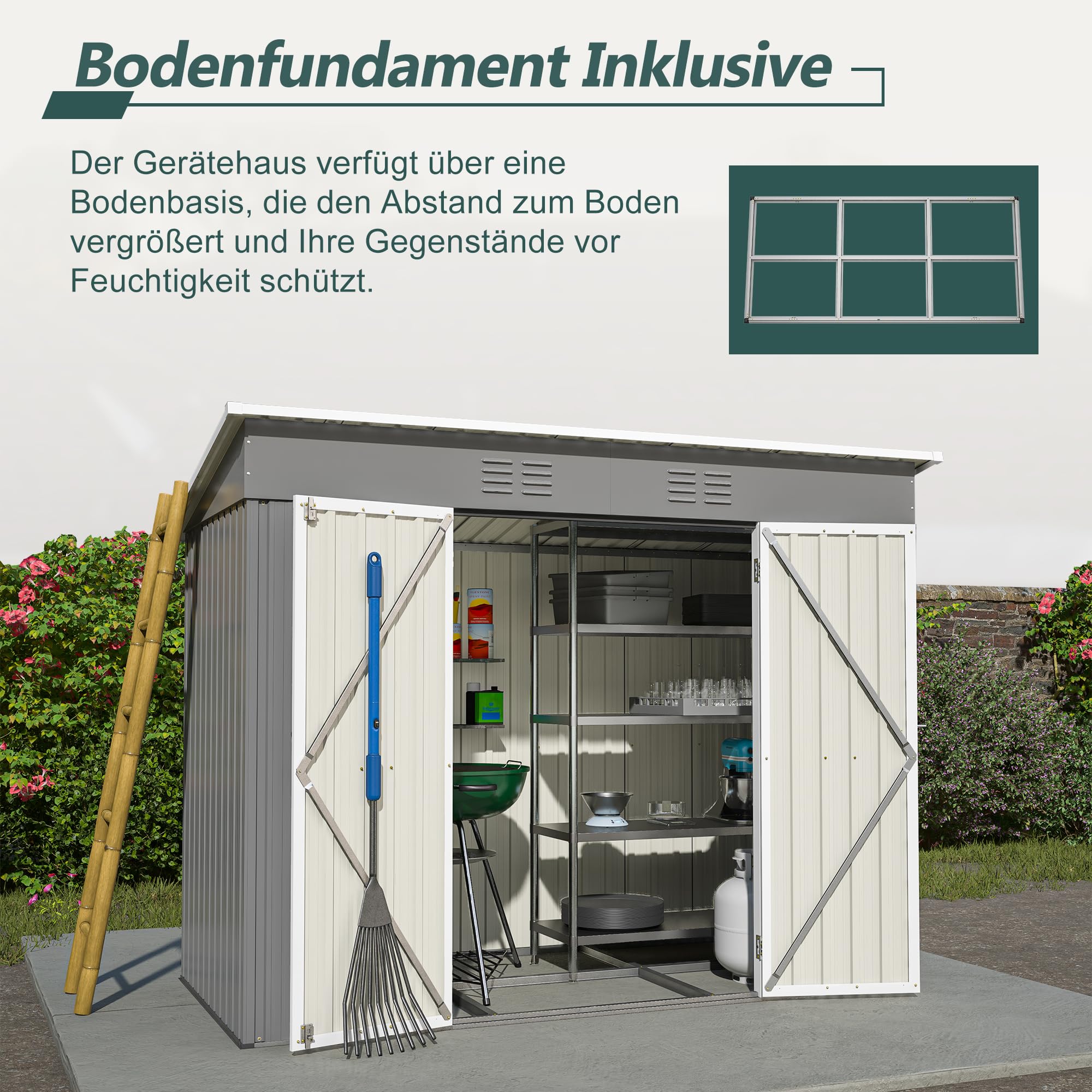 DRIXNO Metall Gerätehaus, 229x111x182 cm Garten Schuppen, Gartenhaus Geräteschuppen mit stabilem Metallfundament, Stauraum für Gartengeräte, Inkl Metallfundament, Ohne Boden, Grau