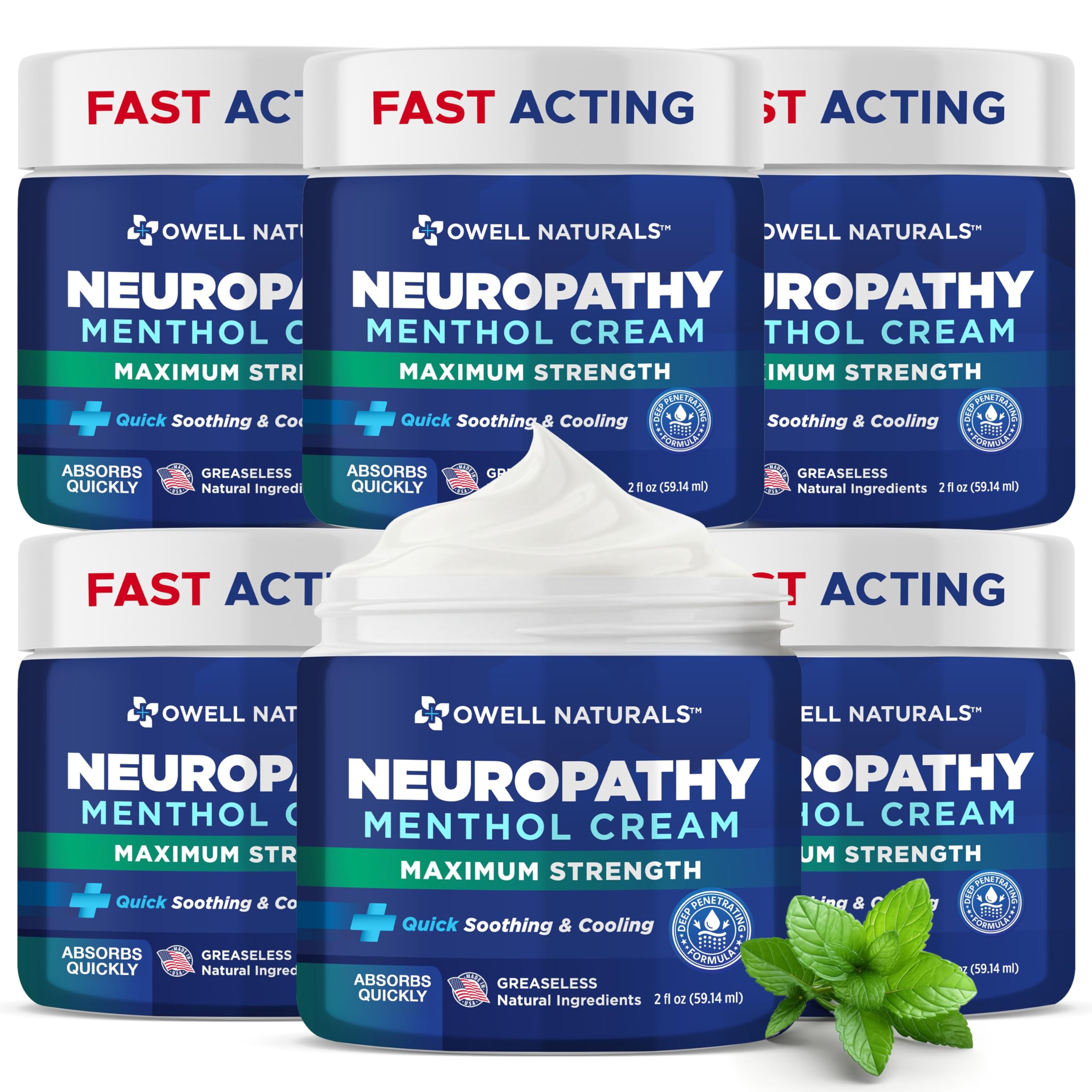Owell Naturals Neuropathy Cream Extra Strength – Fast Absorbing Cooling for Leg, Feet &amp; Hands – Advanced Soothing Formula with Aloe Vera, Arnica, MSM &amp; Vitamin B6 – Made in USA, 2 fl oz (6 Pack)