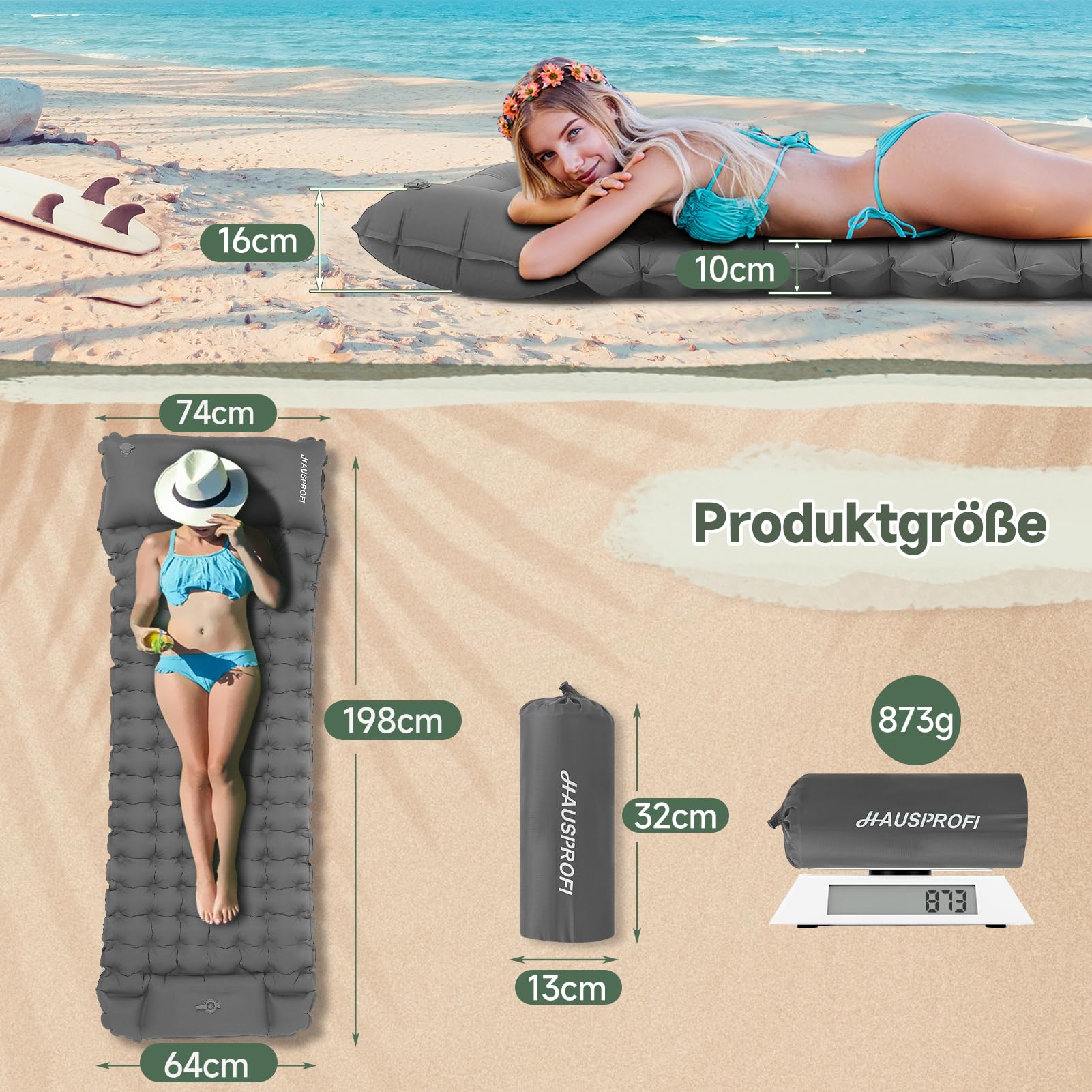 HAUSPROFI Isomatte Camping, Ultraleicht Camping Luftmatratze mit Fußpumpe & Kissen, Aufblasbare Matratze Kompakte und Leichte, Campingmatte für Wandern Strand Outdoor
