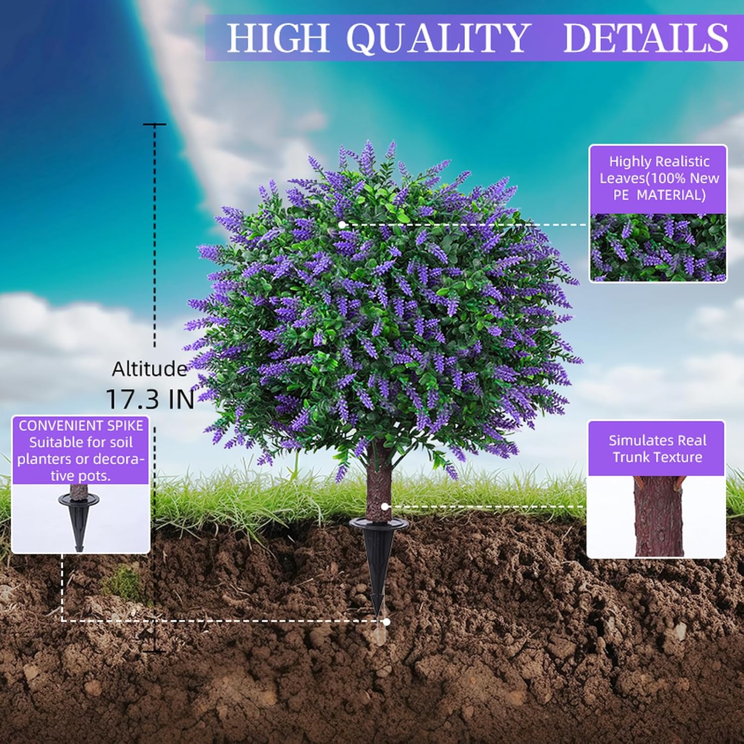 2 Pack 17.3 Artificial Lavender Topiary Trees with LED Lights Battery Operated - Realistic UV Resistant Faux Greenery, with Ground Spike Decor for Outdoor Garden, Patio, Porch, and Indoor Use - Image 2