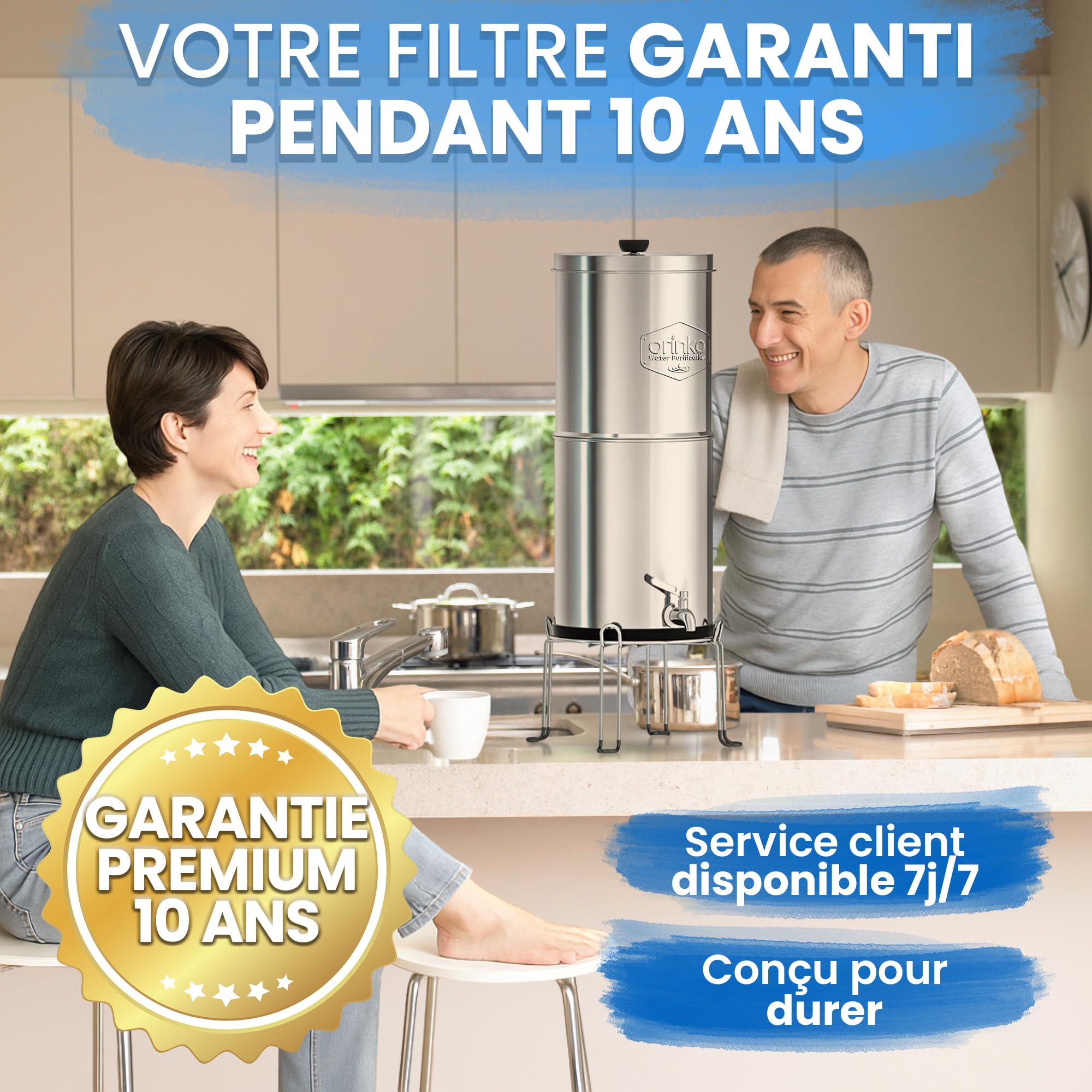 ORINKO Filtre à Eau par Gravité 8,5 L 4 Cartouches Charbon Actif Purificateur d'Eau Fontaine Filtrante