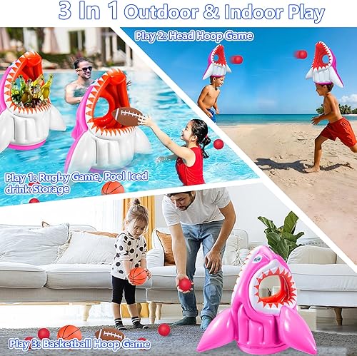 Miniatura 3 de Juguetes de piscina de tiburón, flotadores inflables 3 en 1 para baloncesto, fútbol y aro, juegos acuáticos, diversión en la playa, actividades al