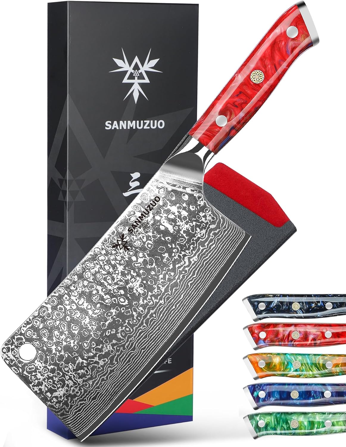 Chopping Knife - 7 inch Cleaver Knife- Xuan Series - VG10 Damascus Steel Kitchen Knife - Resin Handle (Sunset Red)