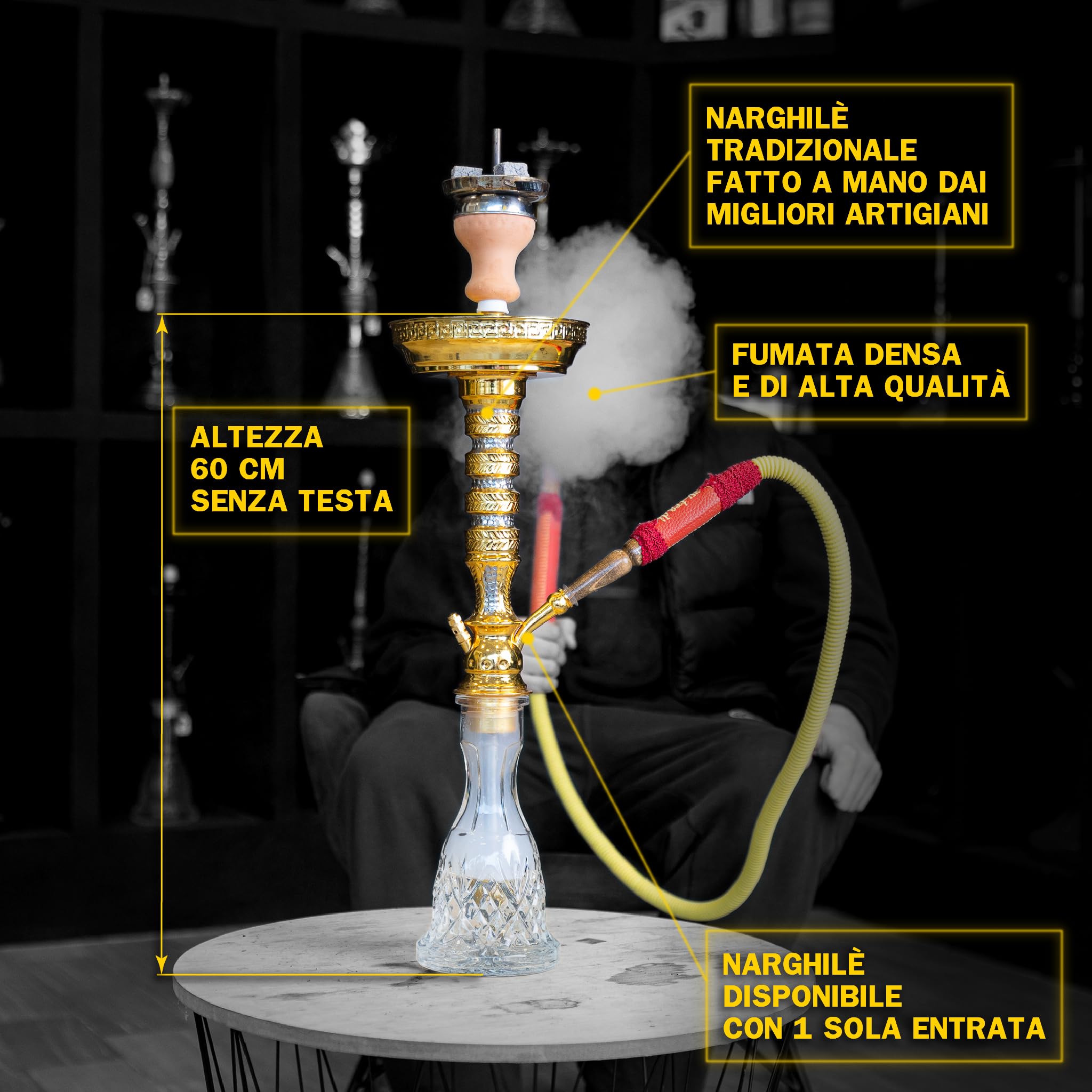 Shisha Tradicional 60 cm con Cabeza de Terracota, Gestor de Calor, Pinza y Porta Carbón Dorado | Cachimba Artesanal con Tubo de Cuero y Cámara Cerrada