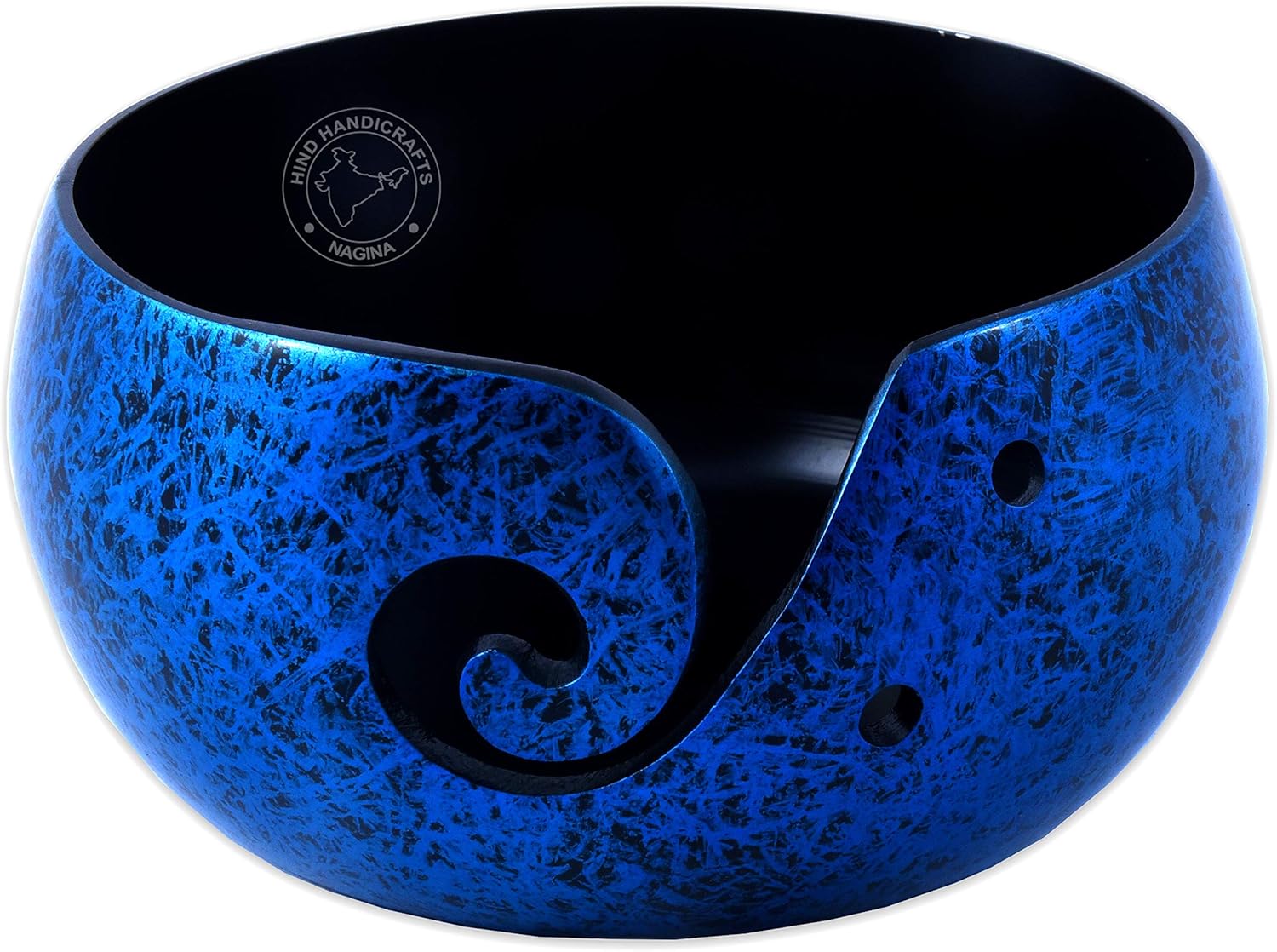 Aluminium Yarn Bowl Holder for Knitting & Crochet – 6"x6"x3" Neon Blue – Portable Handmade Metallic Yarn Storage Bowl with Spiral Cut & Needle Holes