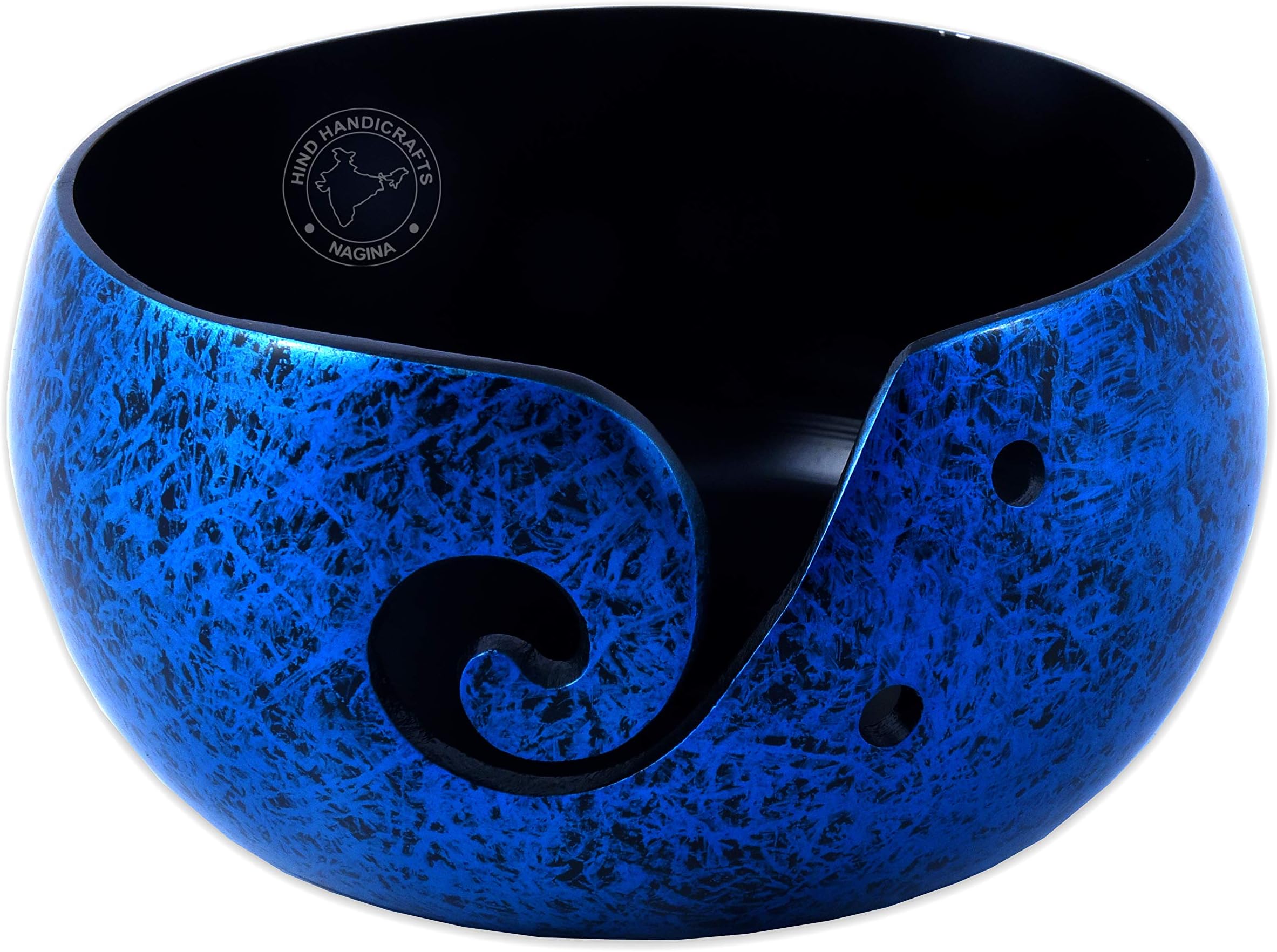Aluminium Yarn Bowl Holder for Knitting & Crochet – 6"x6"x3" Neon Blue – Portable Handmade Metallic Yarn Storage Bowl with Spiral Cut & Needle Holes