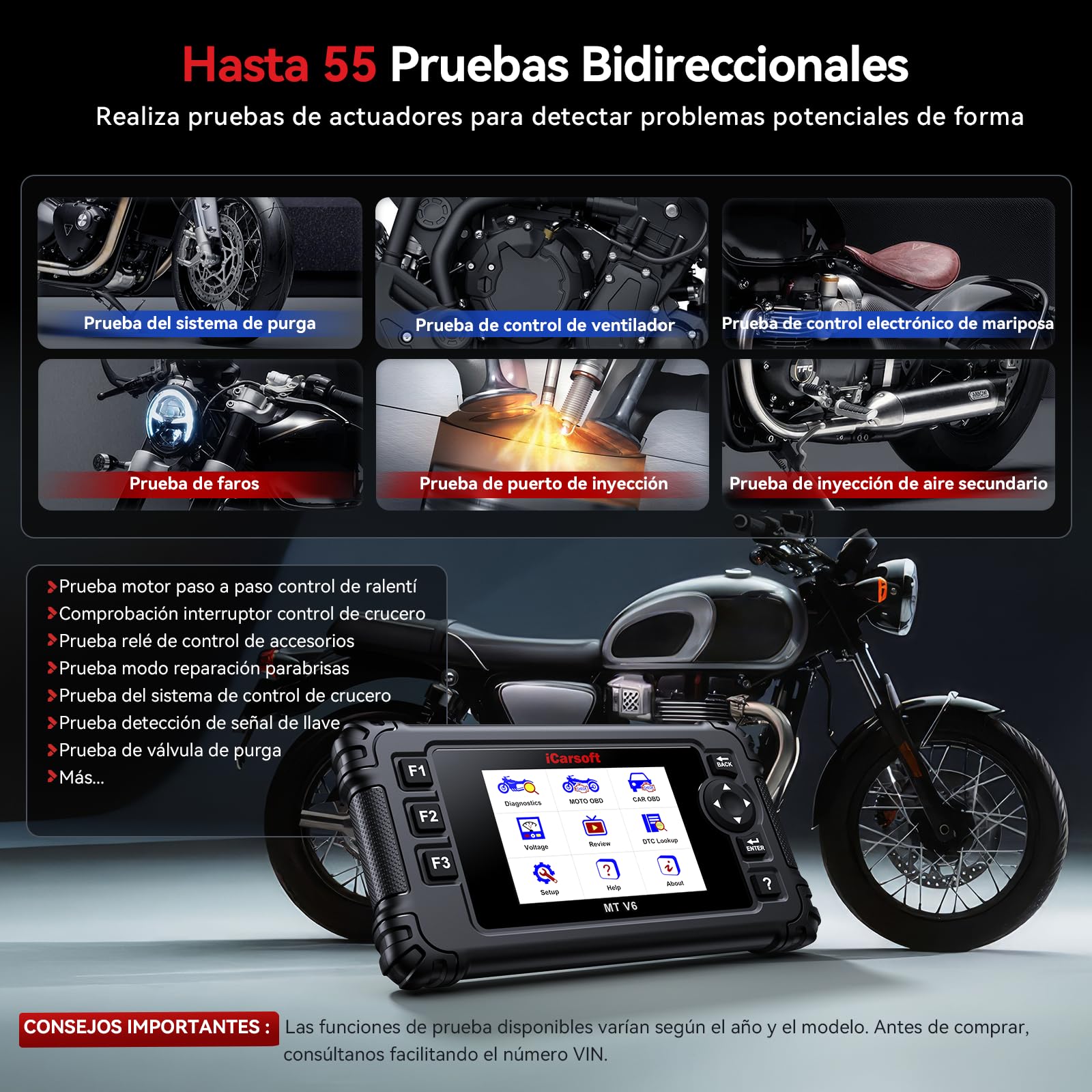iCarsoft MT V6 para Triumph Moto, Herramienta de Diagnosis de Sistema Completo hasta 53 Servicios hasta 55 Pruebas Activas Lector de códigos de Motor Prueba de batería y actualización de por Vida