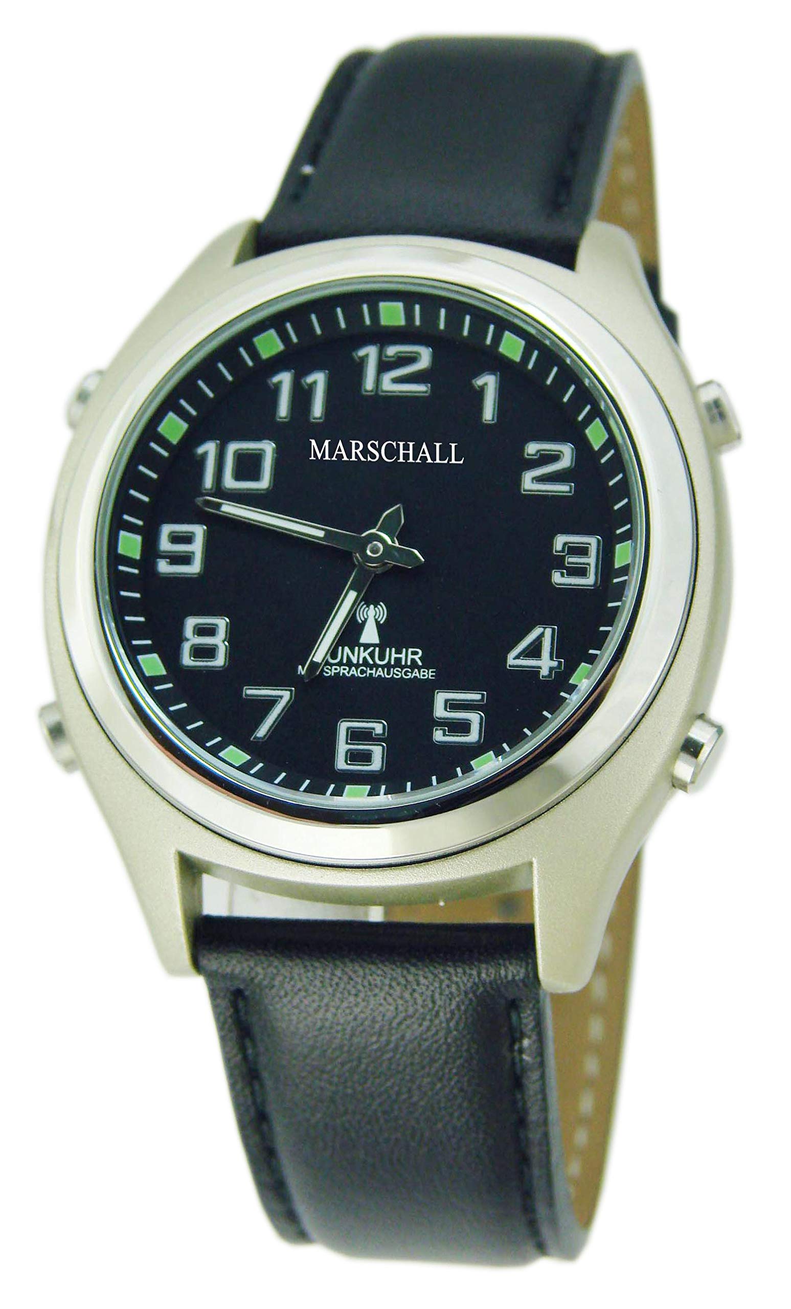 Marschall Deutsch sprechende Herren Funk-Armbanduhr I 1130L I Für Blinde, Senioren und Sehbehinderte I Datum- und Zeitansage I Extra große Zeiger I Schwarzes Lederarmband