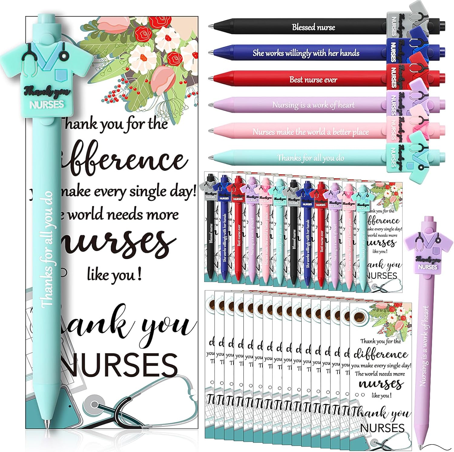 Sayglossy 48 Sets Nurse Week Gifts Bulk 2026 Nurse Appreciation Pens with Inspirational Greeting Cards Cute Scrubs Ballpoint Pens for Nurses Assistants Employee Holiday Party Favors Supplies