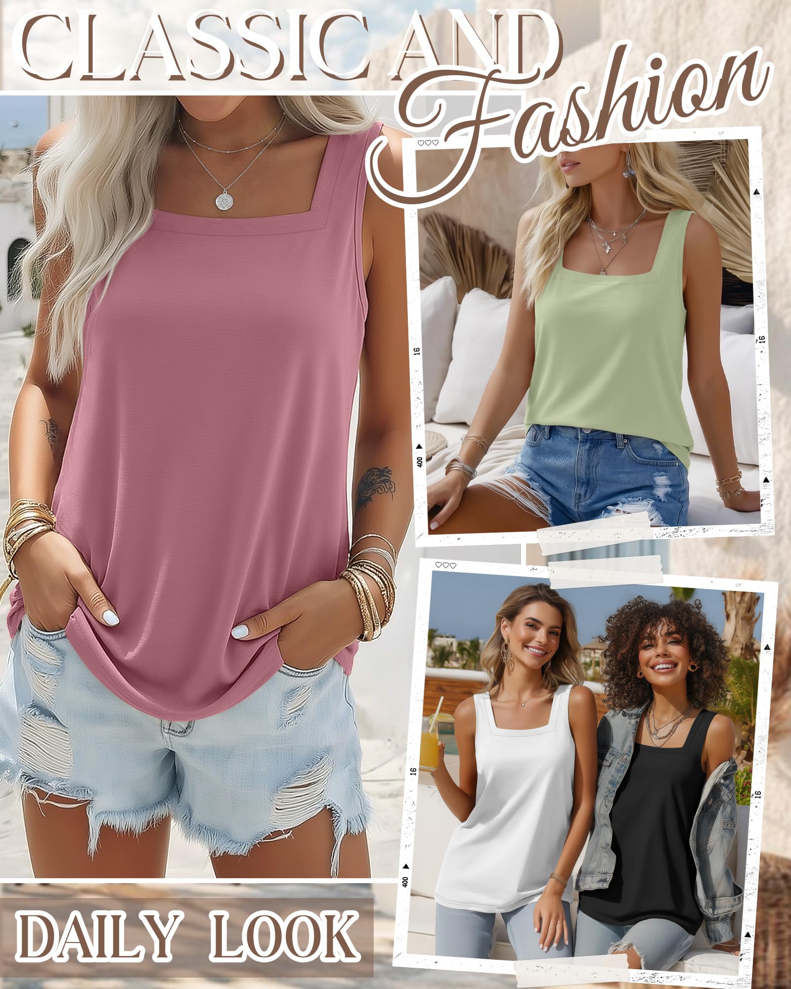 Riyiper 4er-Pack Sommer-Tanktops für Damen, Ärmellose Shirts, Lockere Passform, Eckiger Ausschnitt