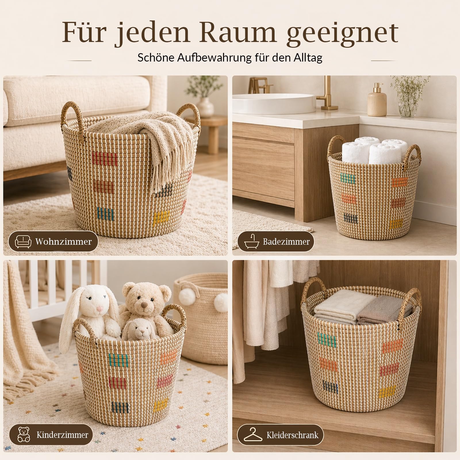 3er Set Aufbewahrungskorb Seegraskorb mit Griffen, Wäschekorb Geflochtener Korb, Handgeflochtener Spielzeugkorb aus Vietnam, 45L/29L/20L für Wohnzimmer Schlafzimmer Küche Bad Kinderzimmer