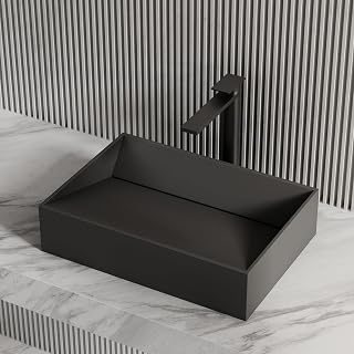 24" Solid Surface Vessel Sink, V-Shaped Drainn, Matte Black | Rectangular Design,Premium Stone Resin,Easy Matte Finish Cleanup,Repairable for Minor Scratches