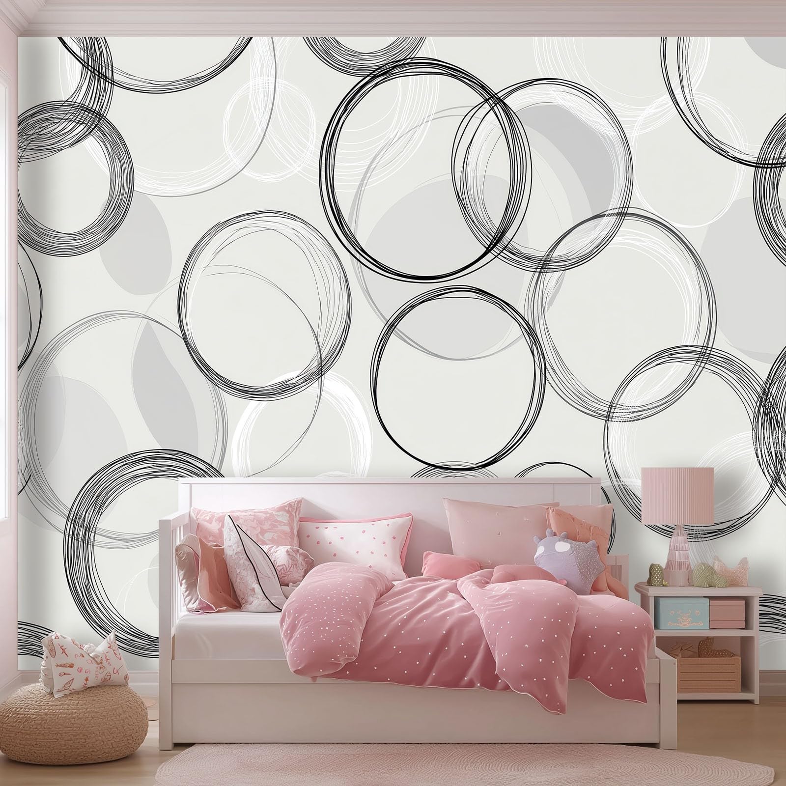 Fotomurales Círculos simples y líneas Papel pintado tejido no tejido decoración Pared decorativos 400 x 280 cm Sala Cuarto Oficina Salón Decoración Casa Gris Negro