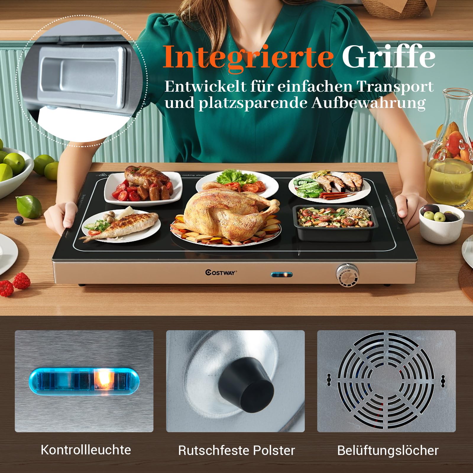 COSTWAY Warmhalteplatte elektrisch, Speisewärmer mit Gehärteter Glasoberfläche und Thermostat bis 120℃, Warmhaltegerät Buffetwärmer Edelstahl für Buffets, Partys 56,5 x 37 cm