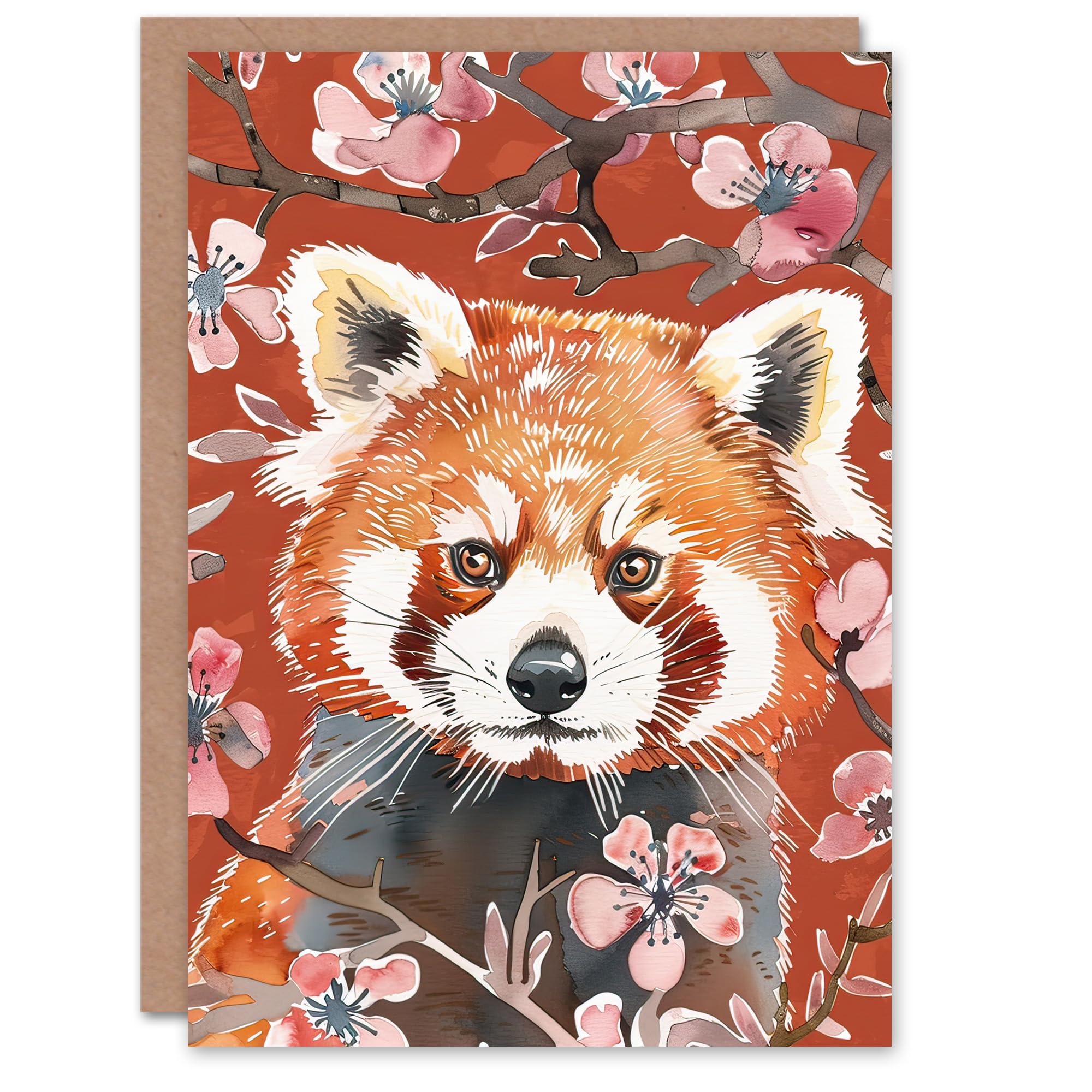 Artery8 Greeting Card Red Panda Cherry Blossom Tree Branch Watercolour Blank For Him Or Her Art Birthday Card