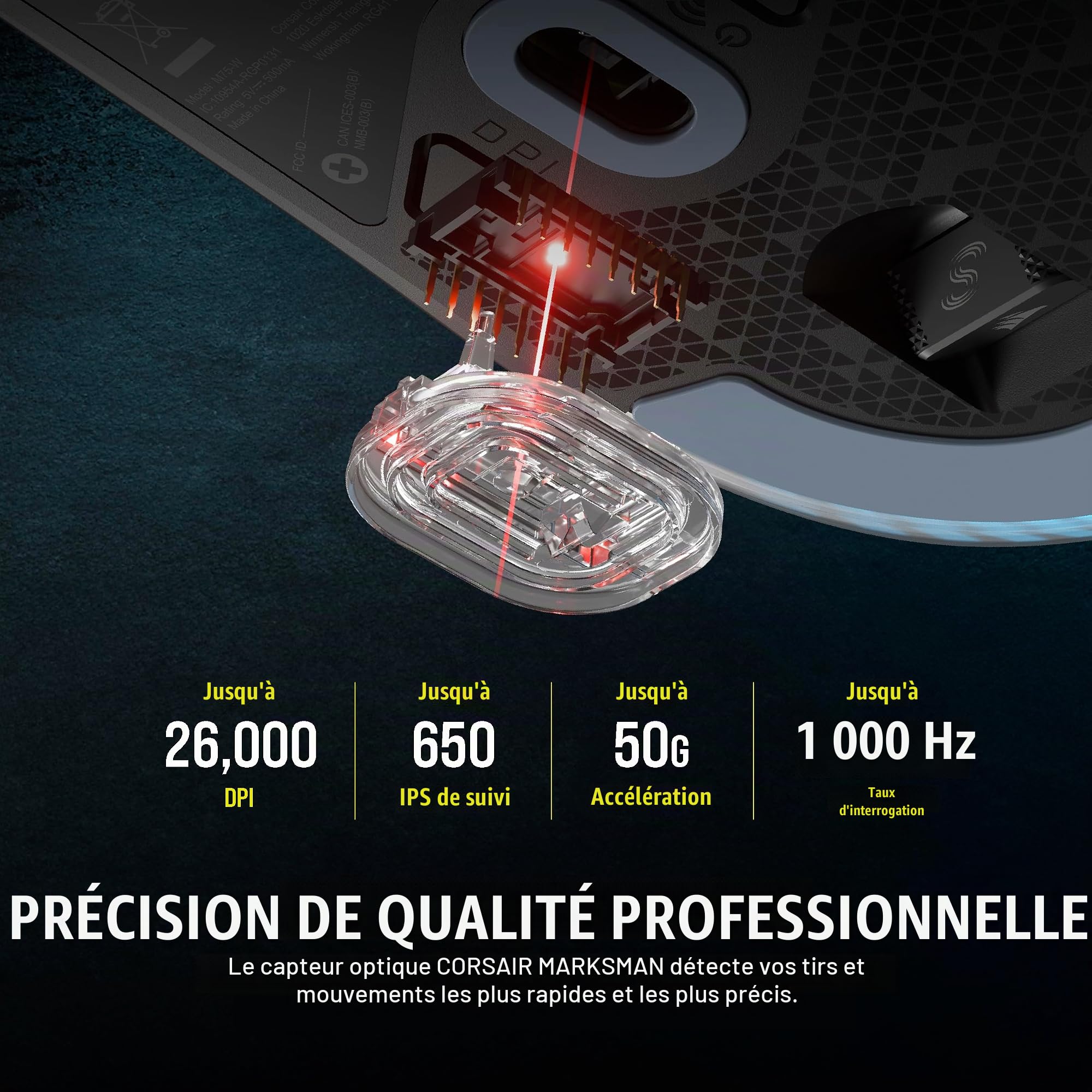 Corsair M75 Souris de Jeu sans Fil RVB légère FPS - 26 000 DPI - Boutons latéraux interchangeables - Compatible iCUE - PC - Noir