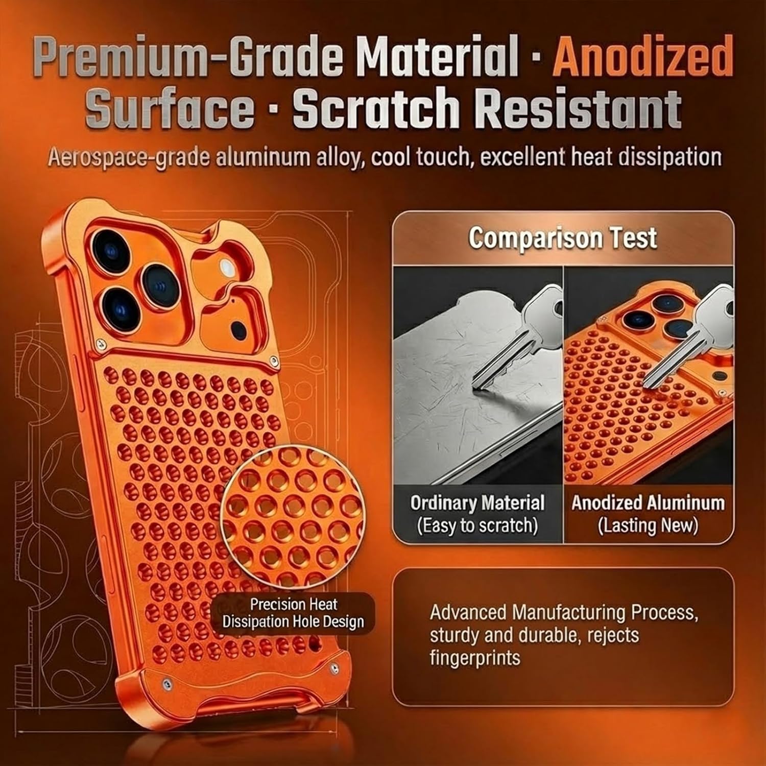 CNC Aluminum Cooling Case for iPhone 17 Pro Max/17 Pro/17 Air/17, Heat Dissipation for Gaming, 3D Honeycomb Mesh, Screw-Lock Metal Armor, Heavy Duty Bumper(Orange,17 Pro Max)