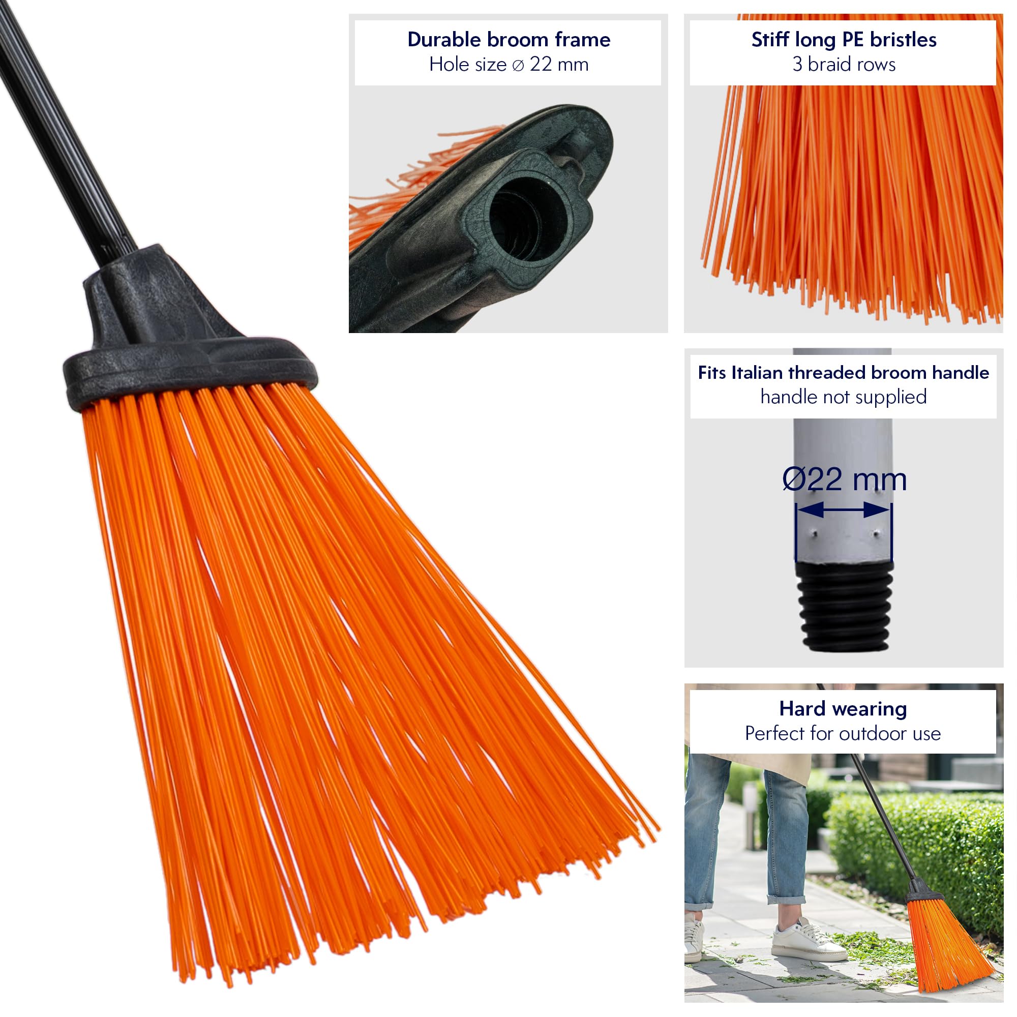 Scopa da Giardino Con Setole Dure - Perfetta per Spazzare All'aperto in Giardino e Patio - Resistente per Esterni, Adatta Alla Maggior Parte dei Manici
