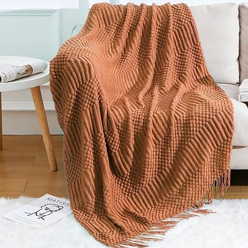 BLAGIC - Manta de punto suave de estilo rústico y bohemio con borlas, decoración para el hogar, cama, sillón y sofá, color óxido, textura de piña,