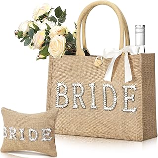 2 Pcs Wedding Bride Bag Jute Bride Tote Bag Bride Makeup Bag with Rhinestone Letter Bride Beach Bag Cosmetic Bag Portable Purse Bridal Shower Gift for Bachelorette Wedding Engagement