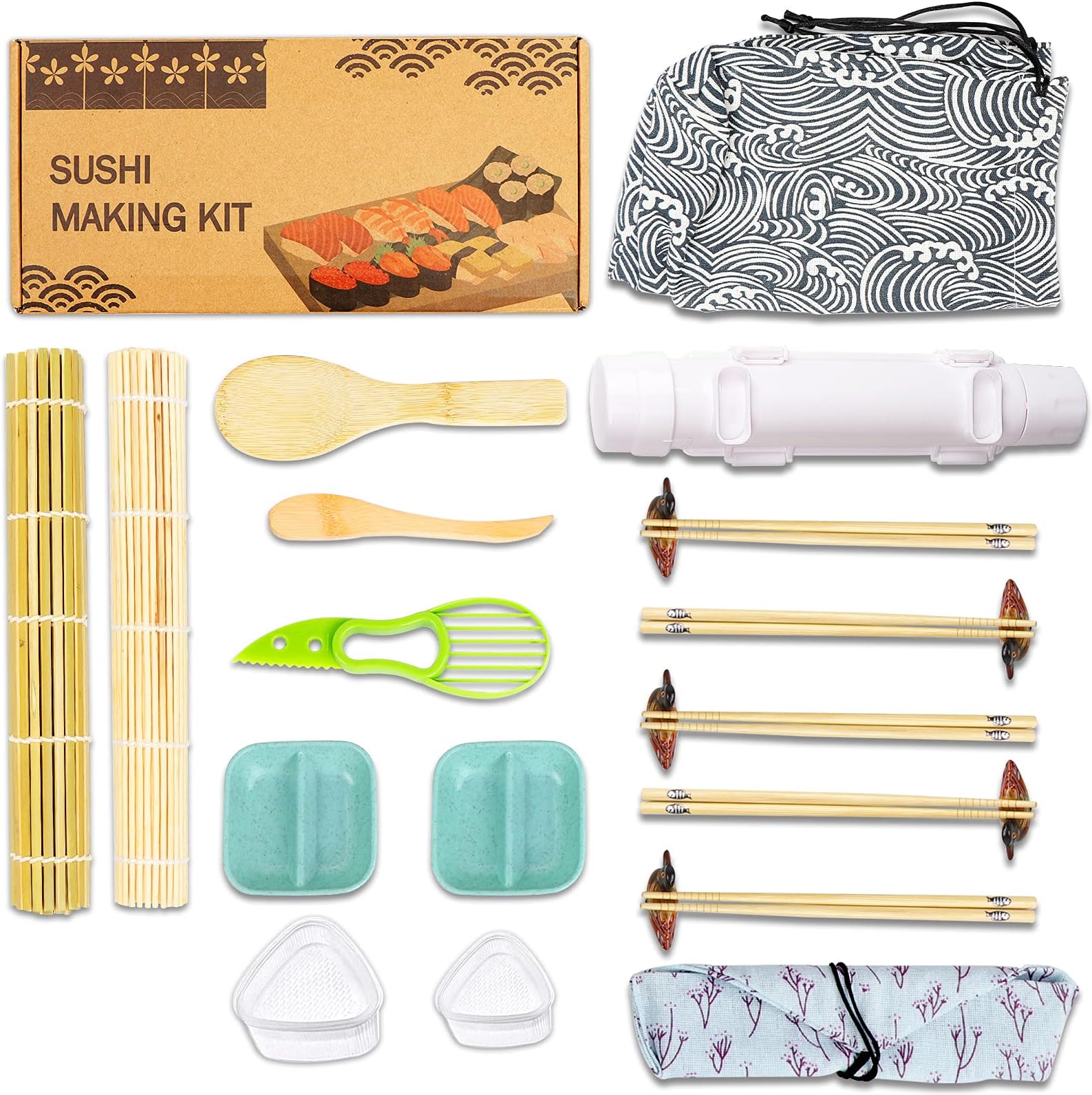 AerWo Sushi Making Kit for Beginners, DIY Sushi Roller Machine, Sushi Bazooka Maker Kit with Sushi Mat, Triangle Sushi Mold, Avocado Slicer, Chopsticks, Bento Bag, Bamboo Sushi Rolling Mat