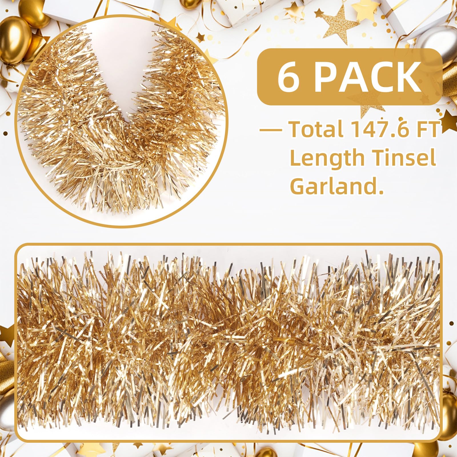 Lametta-Girlande, 45 m, Champagner-Gold-Lametta-Girlande für Weihnachten, Halloween, Neujahr, Geburtstagsfeiern und Baumschmuck