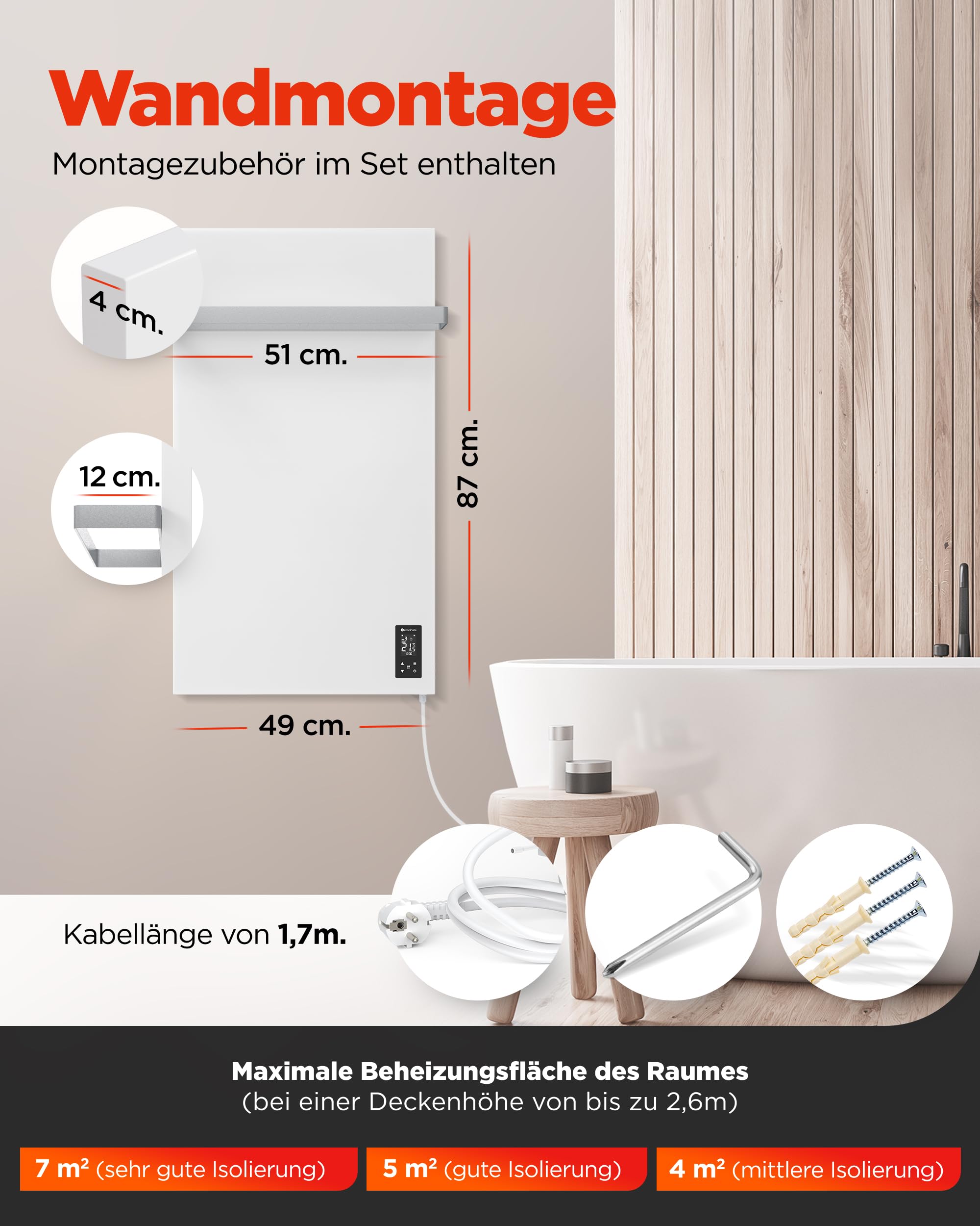 TermoPlaza WLAN Infrarot Heizstrahler 270 W bis 7 m² | Intelligente Infrarot Wandheizung Elektrisch | Badheizkörper mit Handtuchhalter & Thermostat | Energiesparende Elektroheizung für Badezimmer