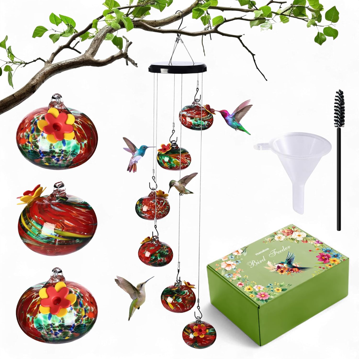Glass Hummingbird Feeder with Wind Chimes, Hanging Outdoor Bird Feeder, Leak-Proof & Ant Moat, 6 Feeding Ports, Decorative Garden Decor